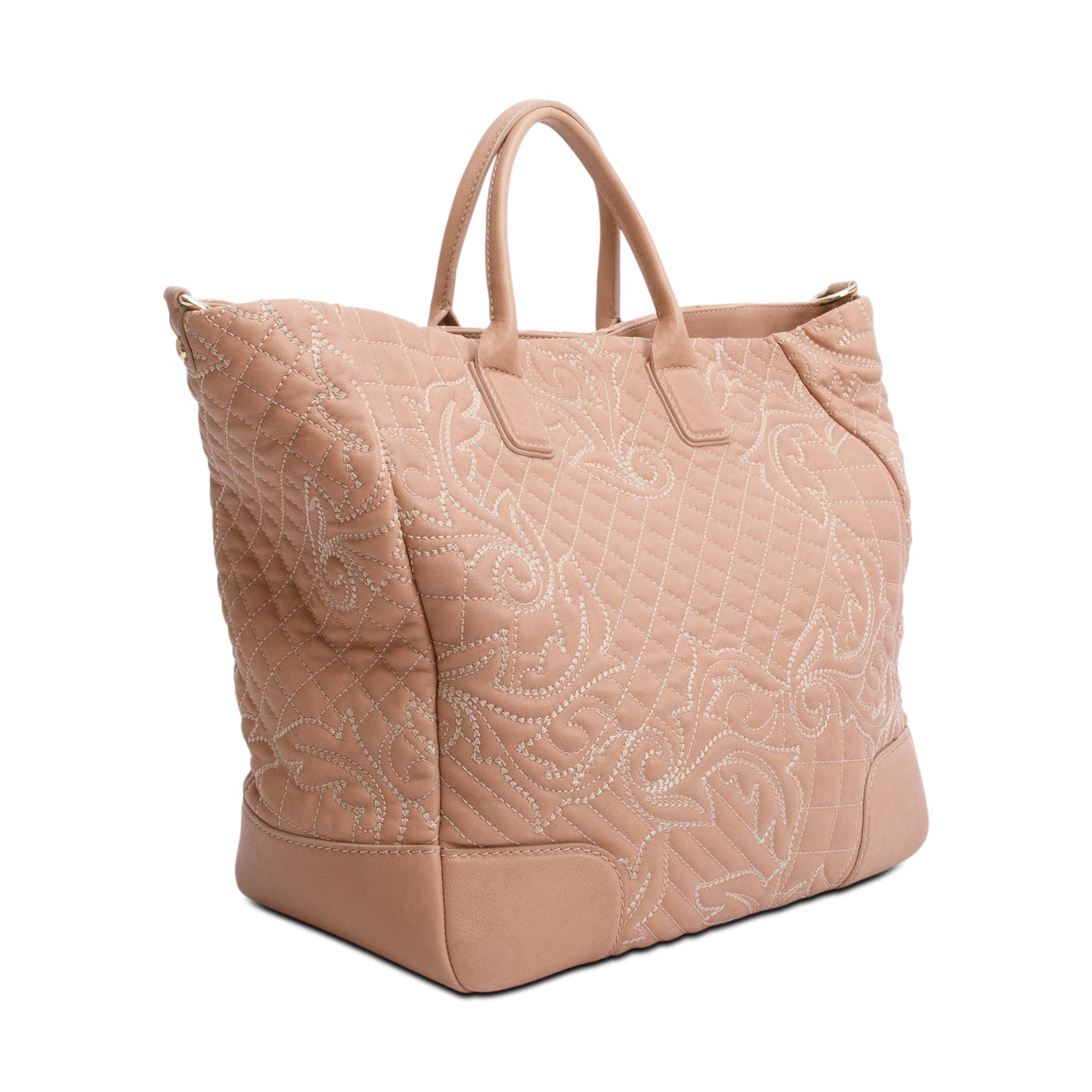 Versace Beige Quilted Calfskin Leather Tassel Elettra Vanitas Tote Bag