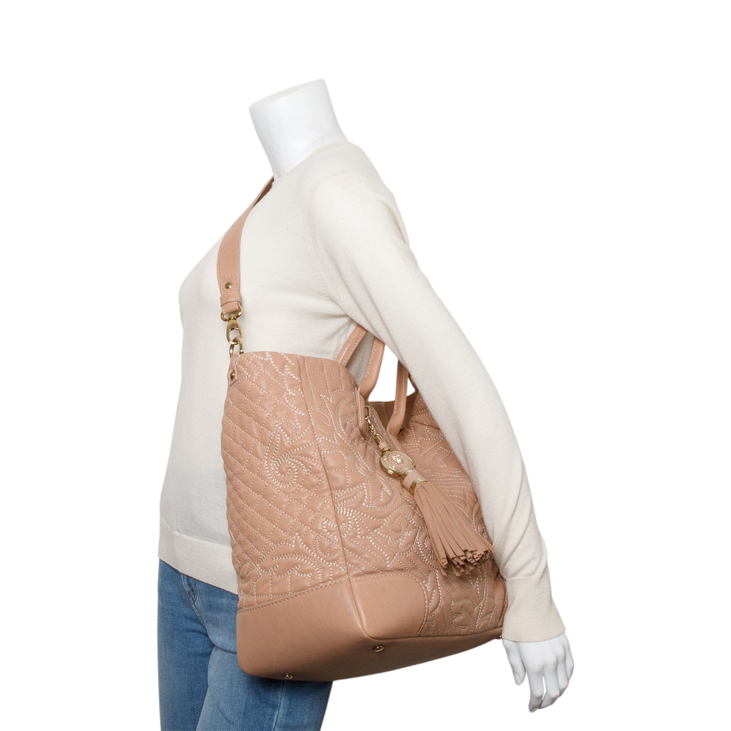 Versace Beige Quilted Calfskin Leather Tassel Elettra Vanitas Tote Bag