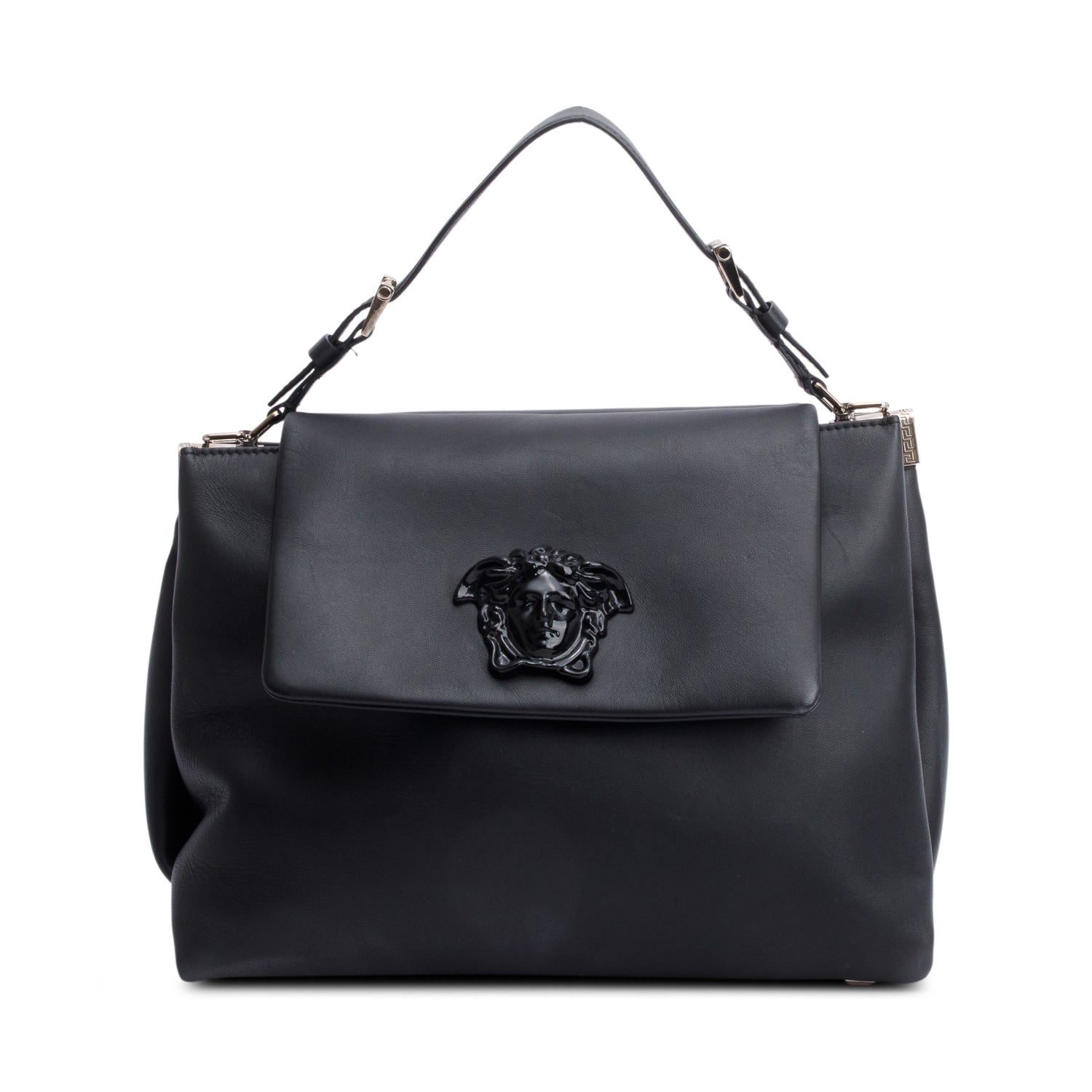 Versace Black Leather Palazzo Medusa Empire Double Sided Flap Handle Bag w/ Straps
