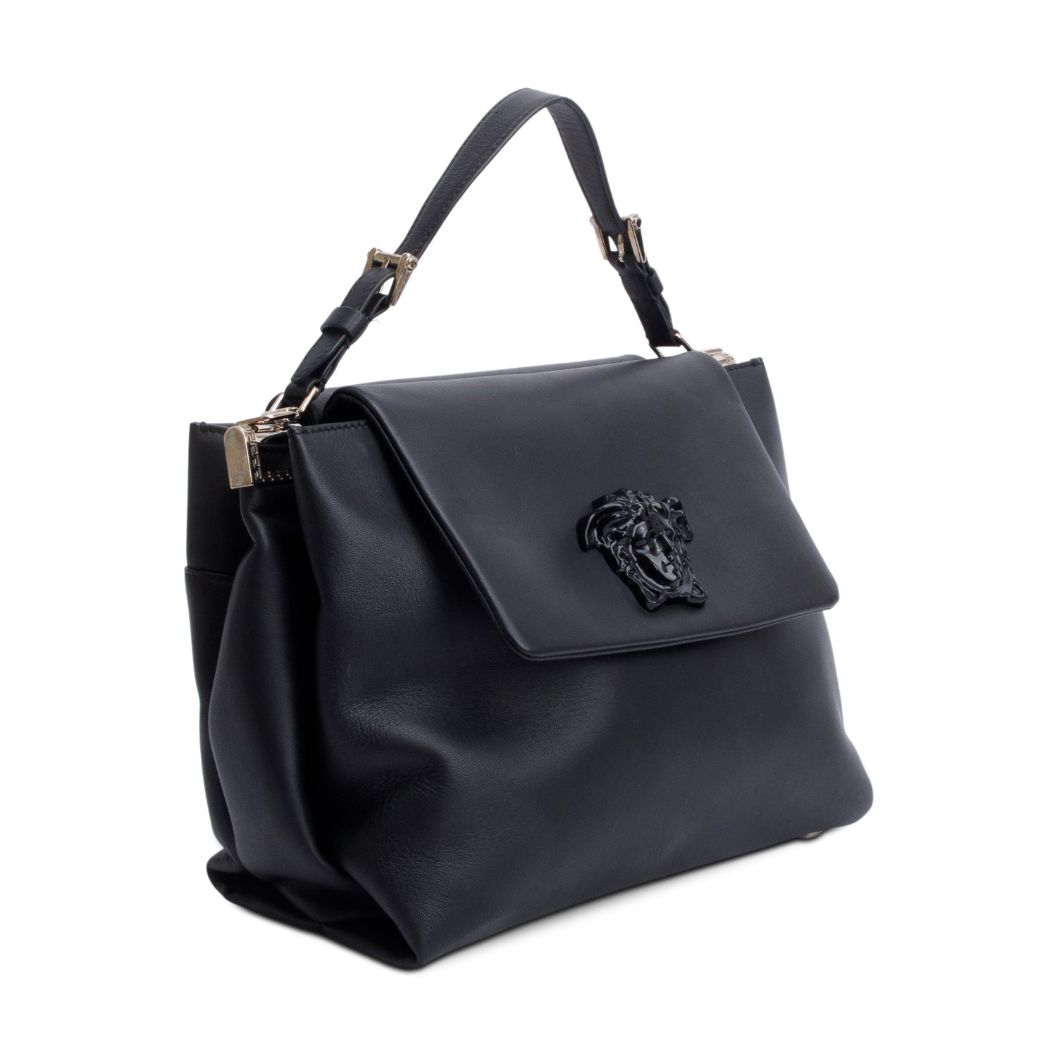 Versace Black Leather Palazzo Medusa Empire Double Sided Flap Handle Bag w/ Straps