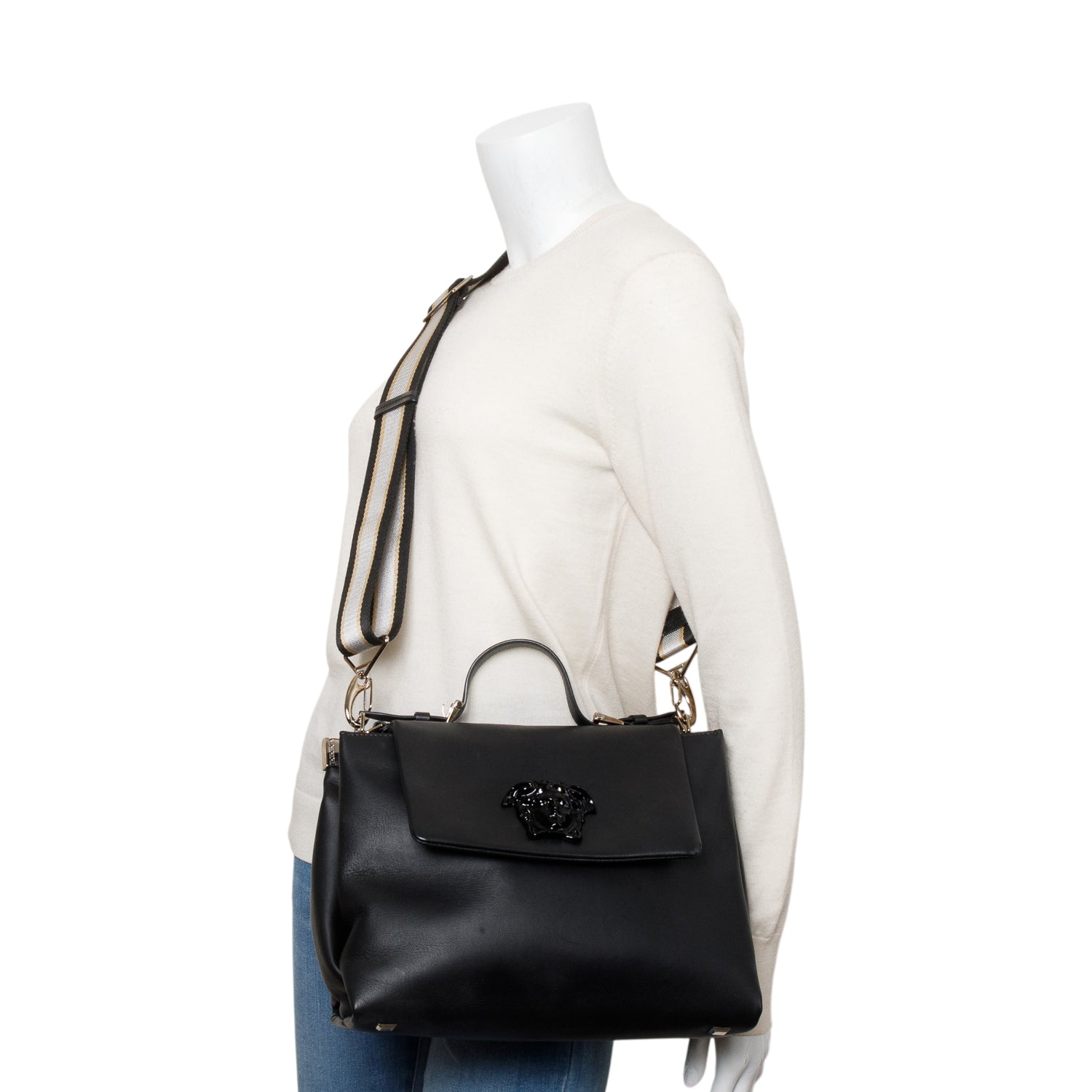 Versace Black Leather Palazzo Medusa Empire Double Sided Flap Handle Bag w/ Straps