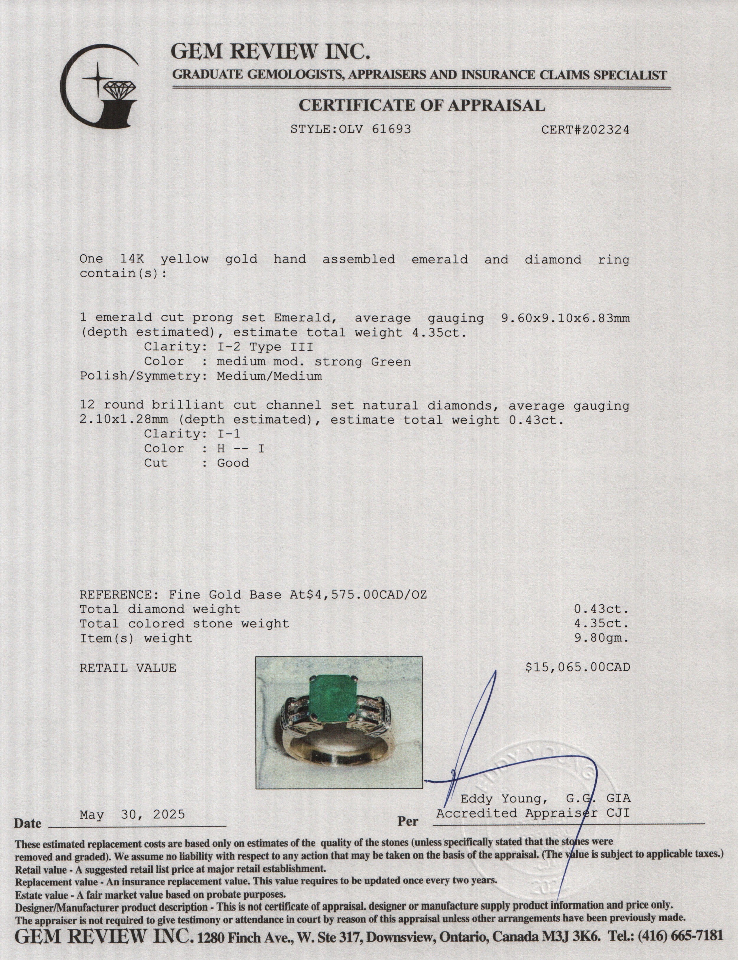 14k Yellow Gold Emerald & Diamond Ring, Size 10.25