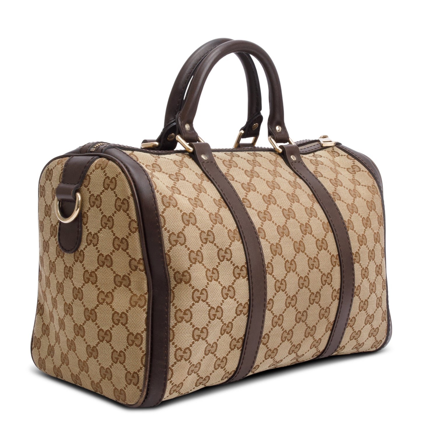 Gucci Beige GG Canvas Brown Leather Trim Joy Boston Bag w/ Strap