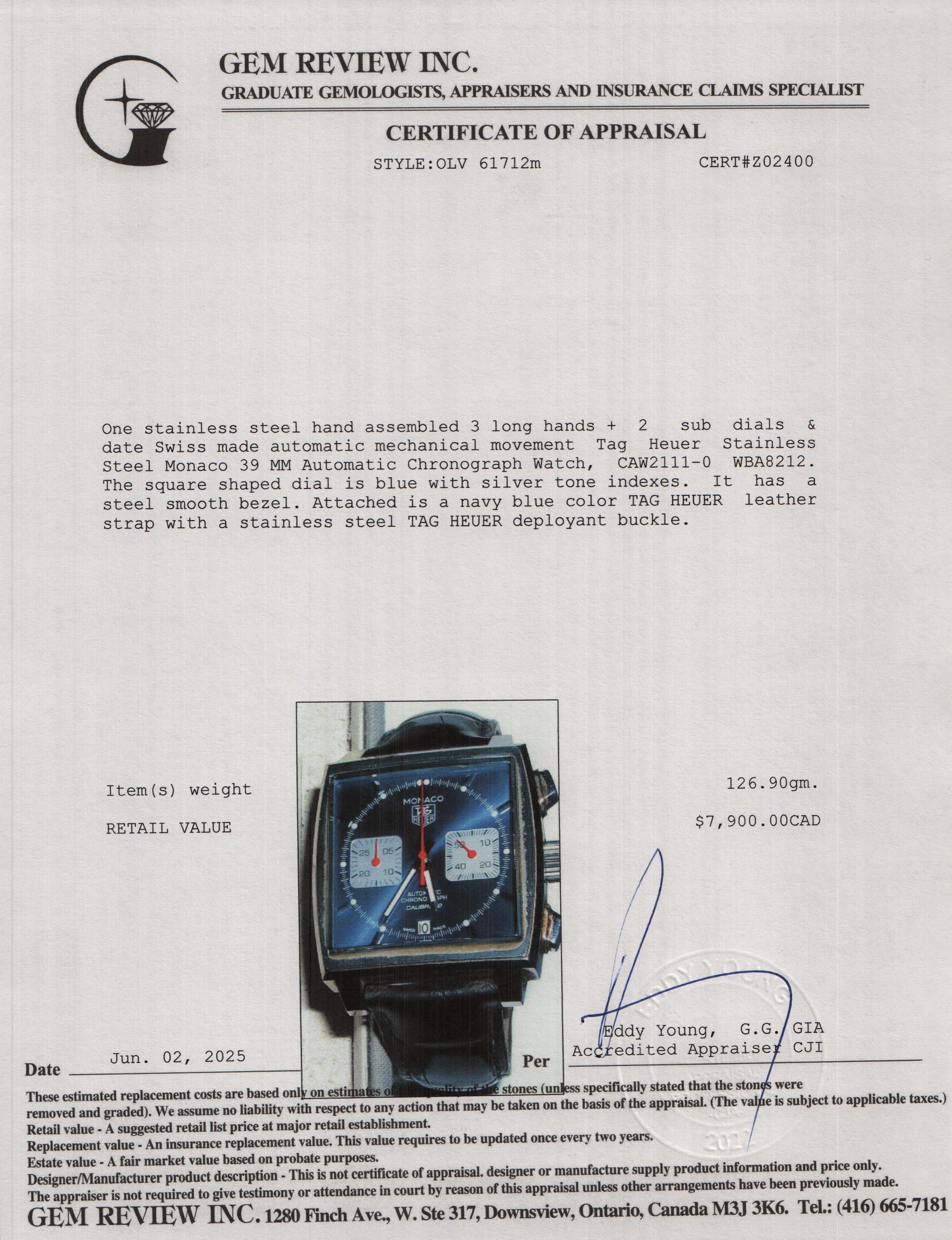 Tag Heuer Stainless Steel Monaco 39 MM Automatic Chronograph Watch CAW2111-0 w/ Box