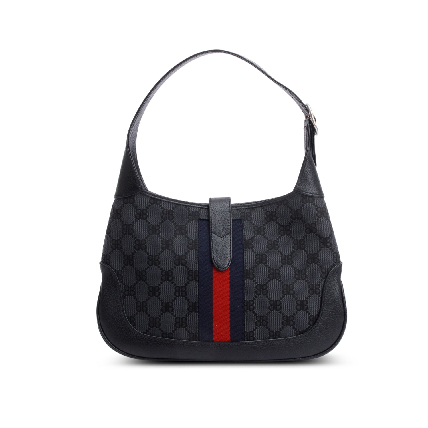 Gucci X Balenciaga BB Supreme Monogram Canvas & Black Calfskin Leather Web Small Jackie 1961 Hobo