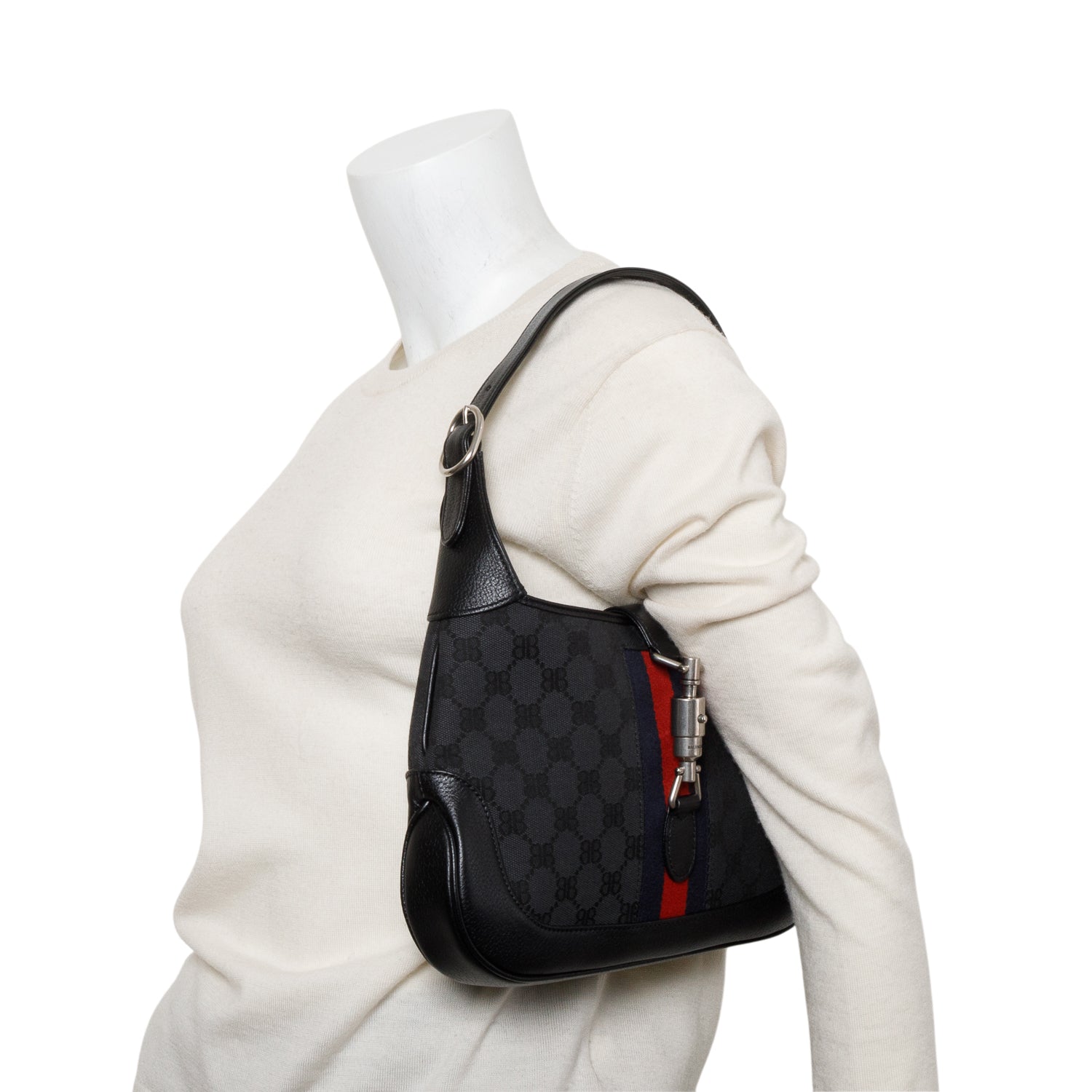 Gucci X Balenciaga BB Supreme Monogram Canvas & Black Calfskin Leather Web Small Jackie 1961 Hobo