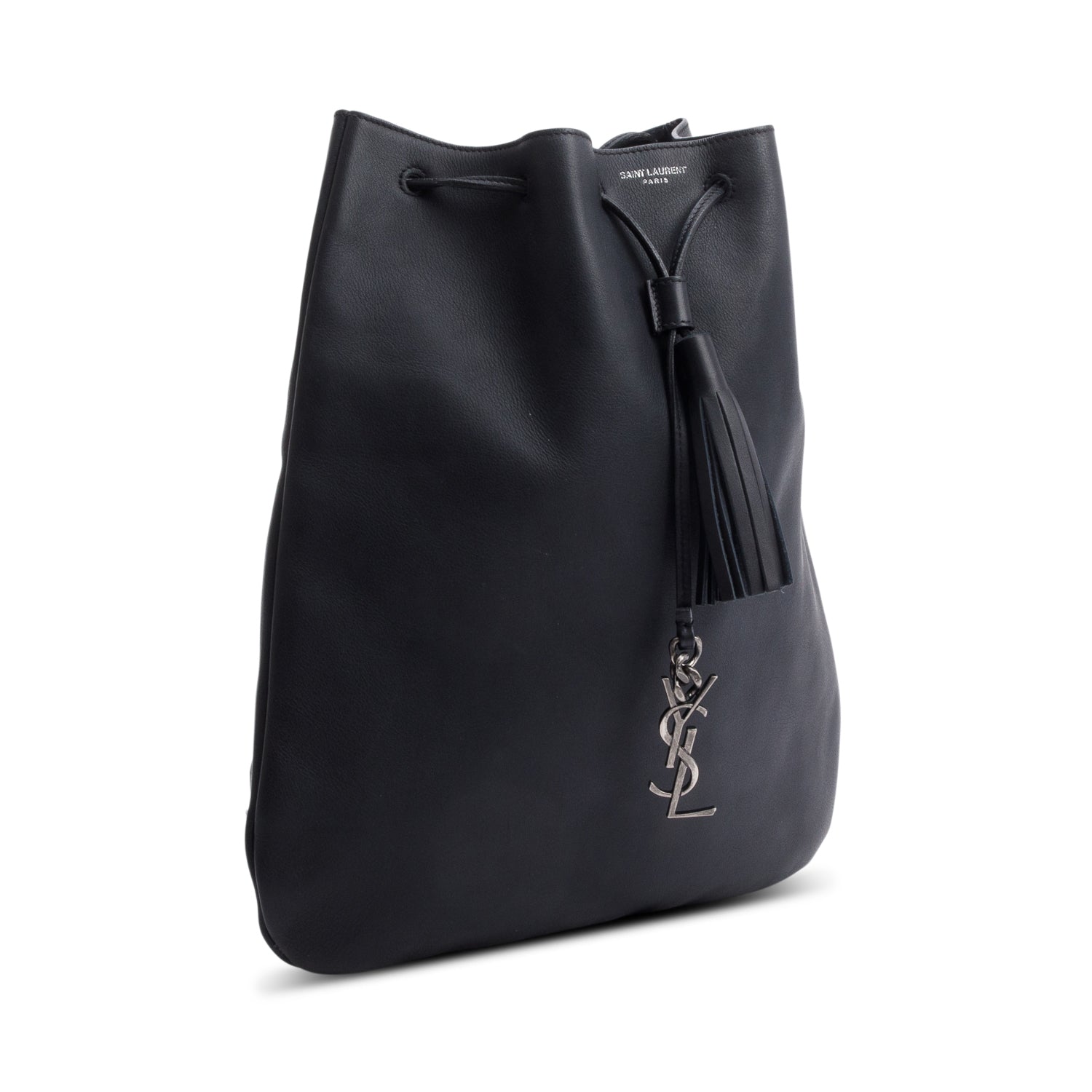 Saint Laurent Black Calfskin Leather Medium Jen Flat Drawstring Bag