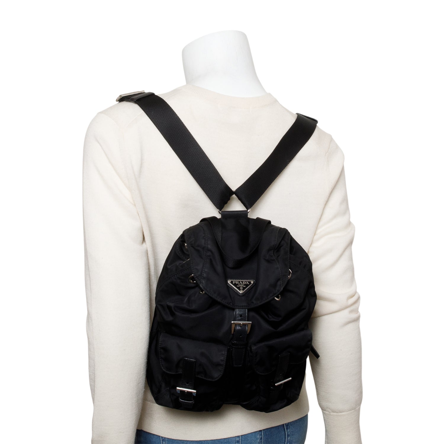 Prada Black Tessuto Nylon & Saffiano Leather Vela Small Backpack