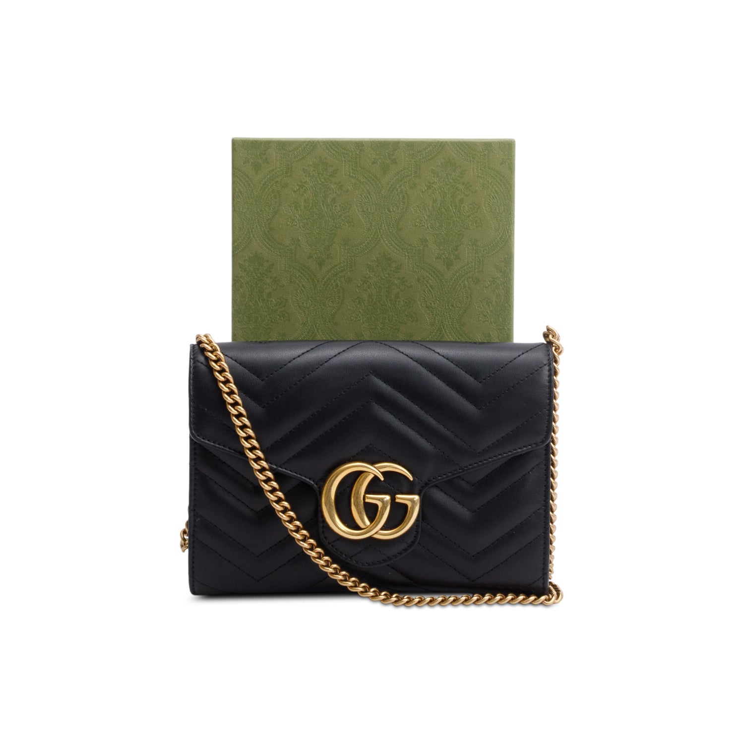 Gucci Black Calfskin Matelasse Leather GG Marmont Chain Wallet w/ Box