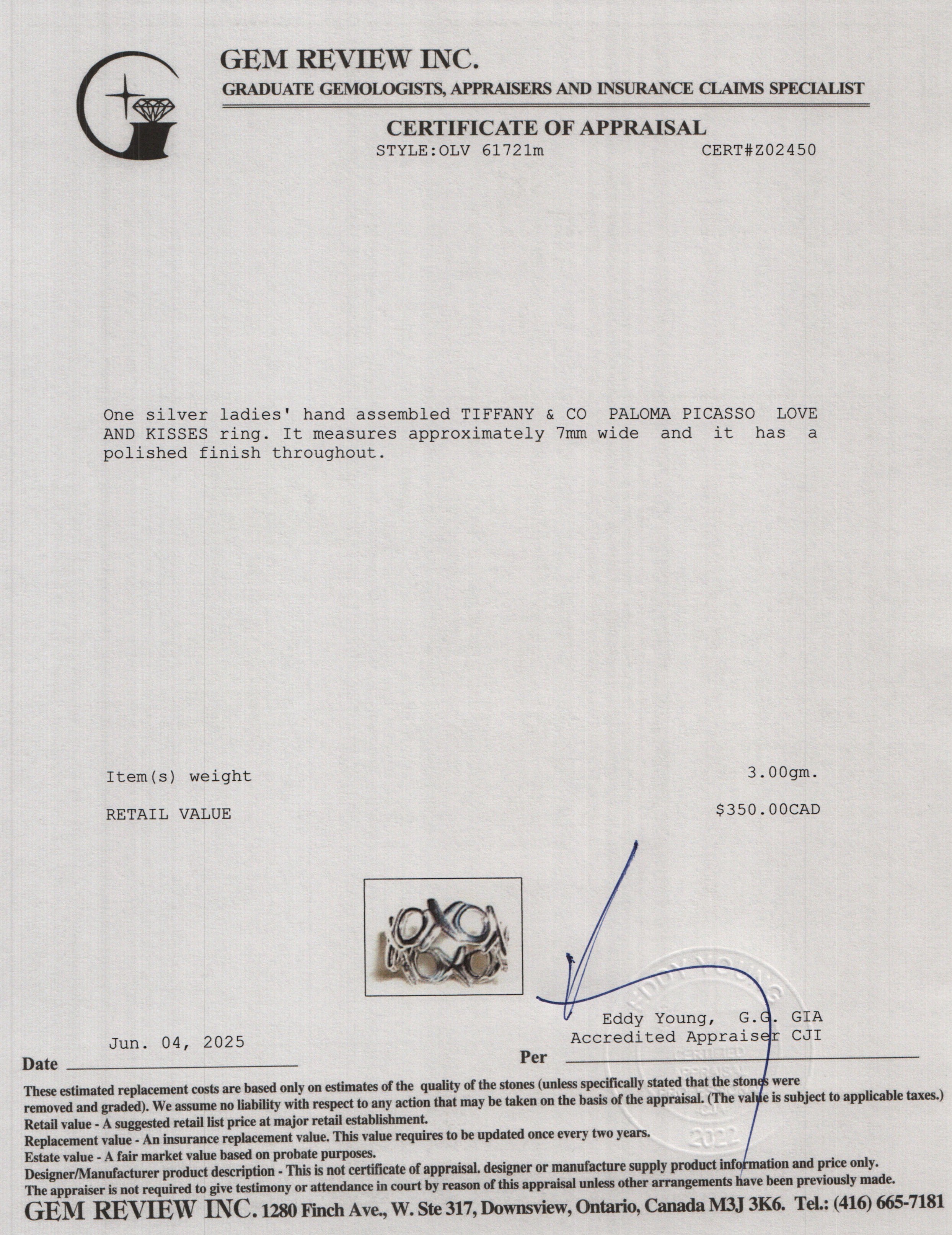 Tiffany & Co. Paloma Picasso Sterling Silver Love & Kisses XO Ring, Size 6