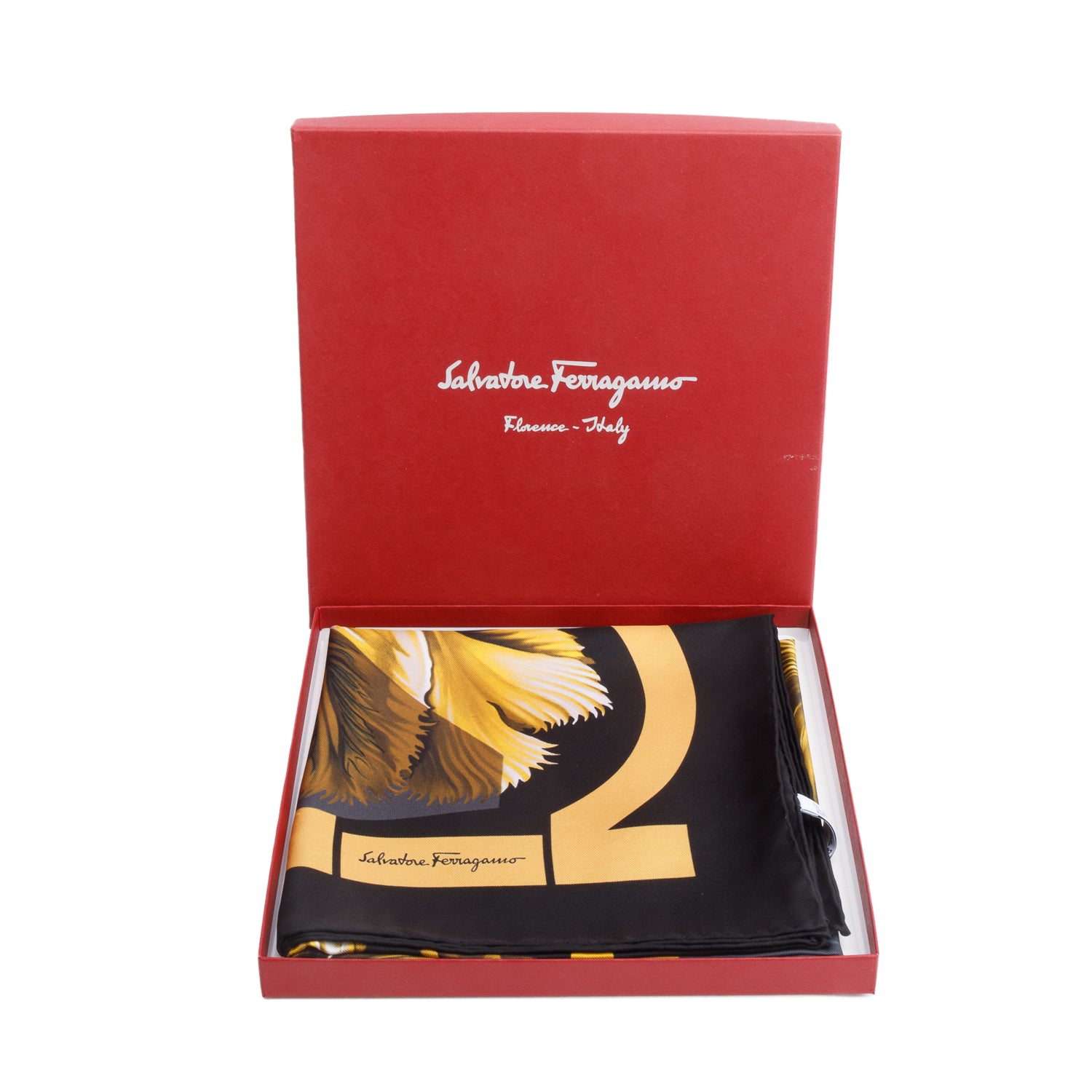 Ferragamo Black/Gold Print Silk Scarf 90 w/ Box