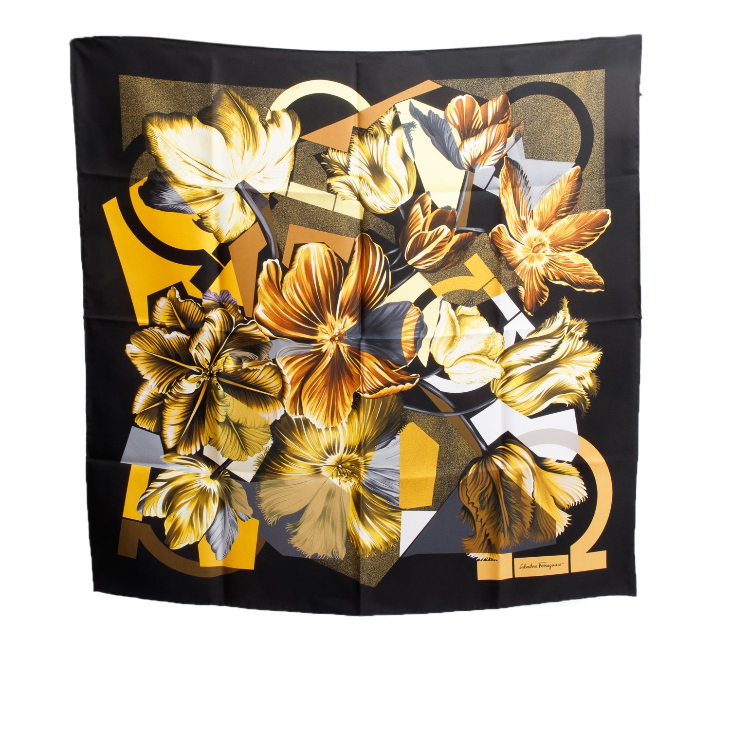 Ferragamo Black/Gold Print Silk Scarf 90 w/ Box