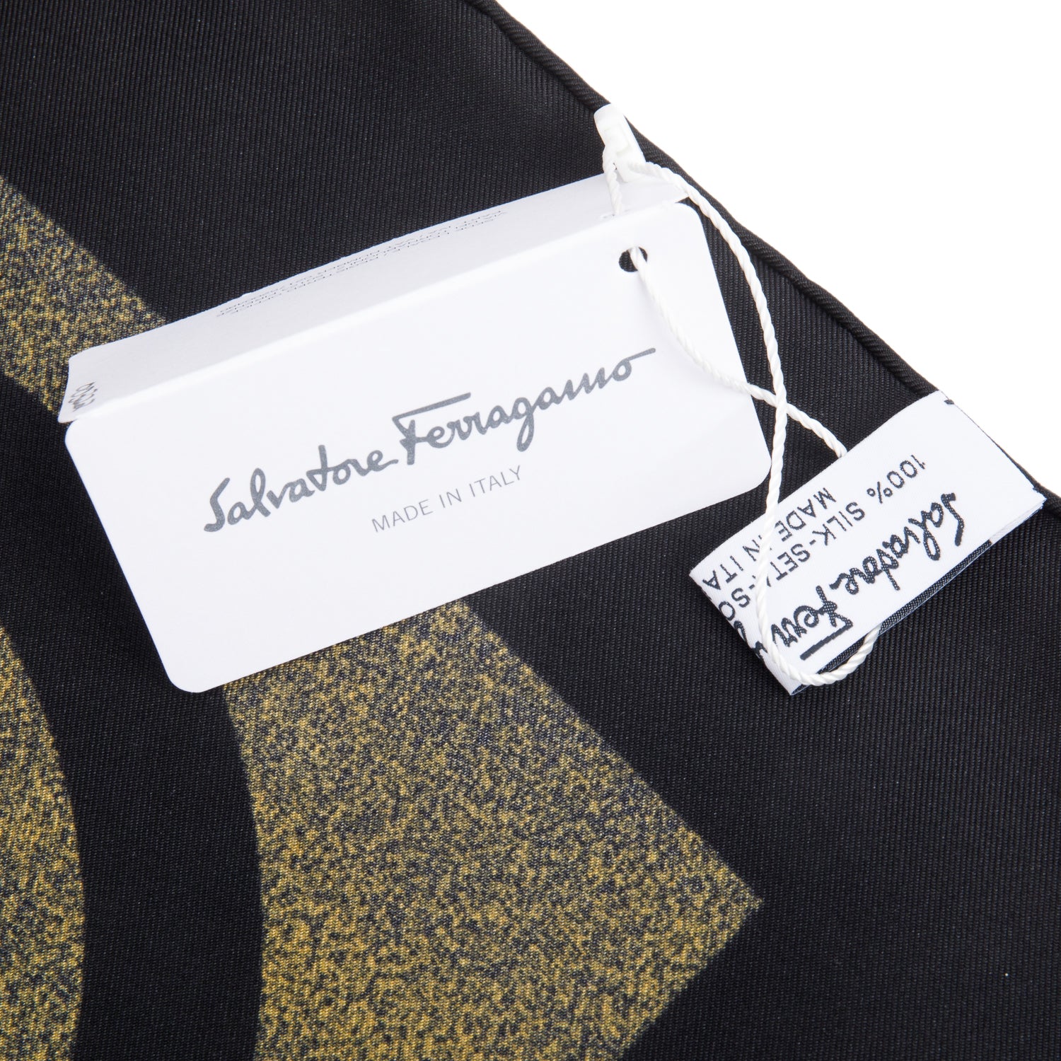 Ferragamo Black/Gold Print Silk Scarf 90 w/ Box