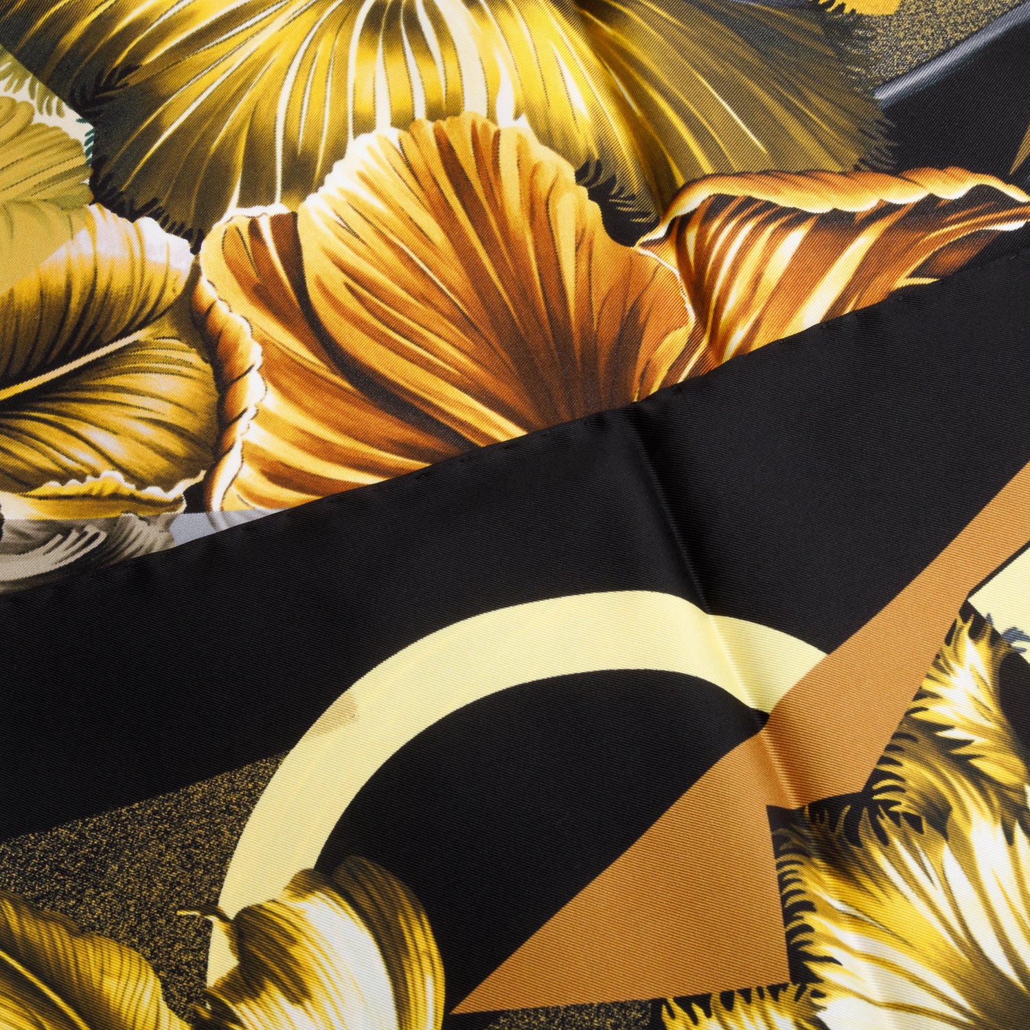 Ferragamo Black/Gold Print Silk Scarf 90 w/ Box