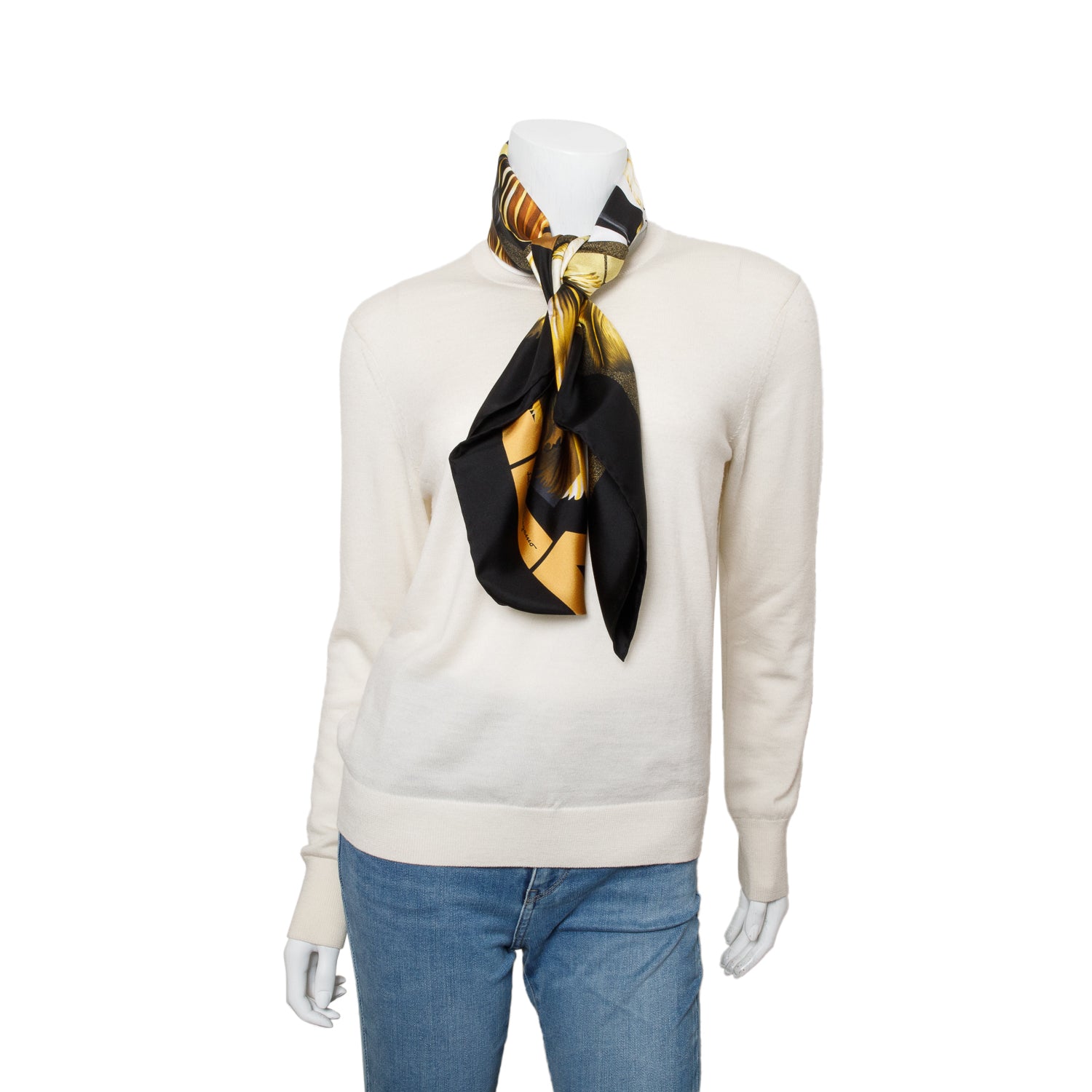 Ferragamo Black/Gold Print Silk Scarf 90 w/ Box