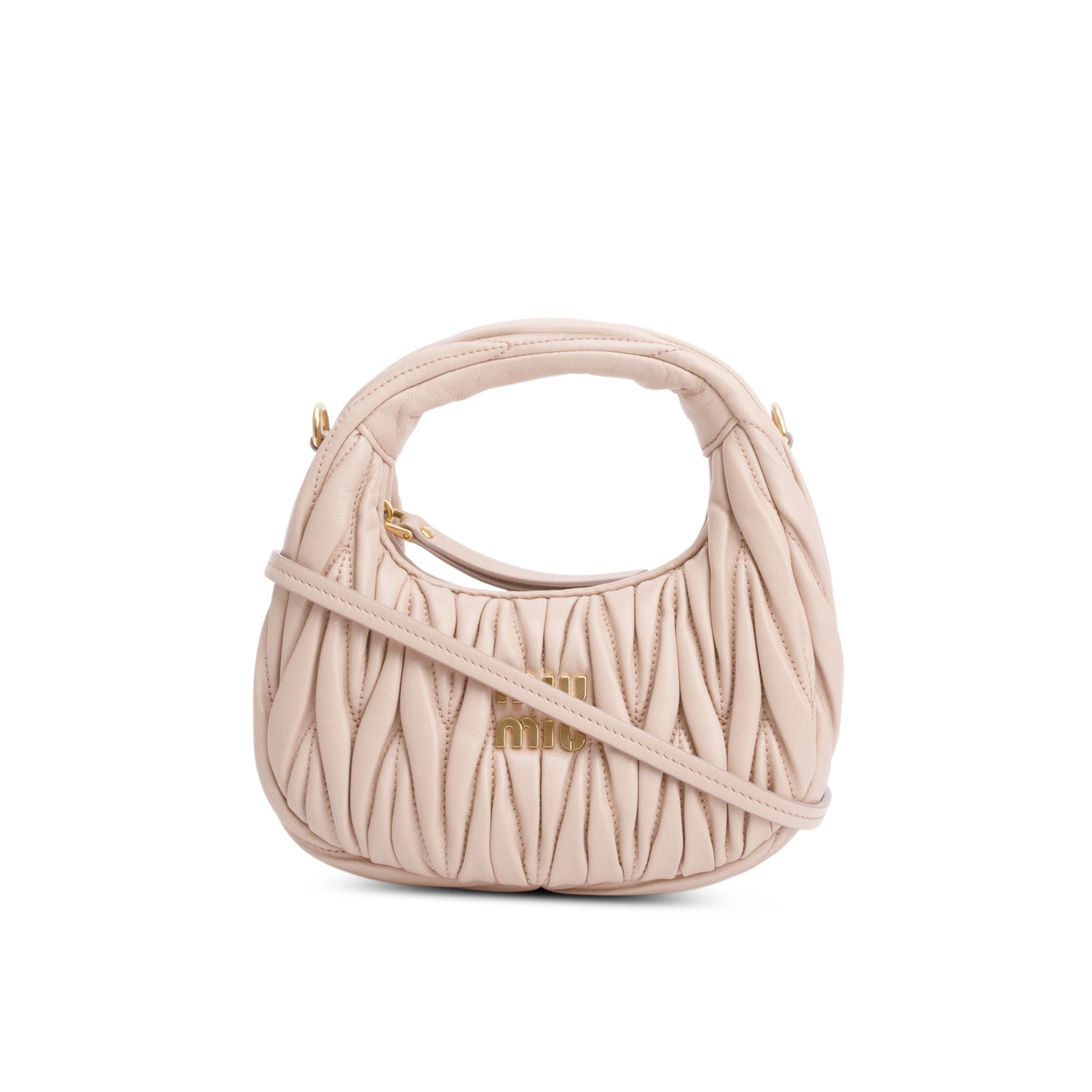 Miu Miu 2024 Beige Wander Nappa Matelasse Leather Mini Hobo Bag w/ Strap