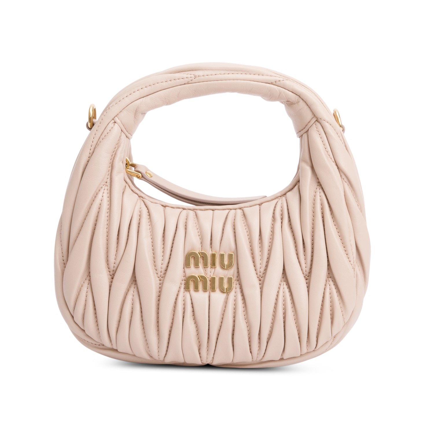 Miu Miu 2024 Beige Wander Nappa Matelasse Leather Mini Hobo Bag w/ Strap