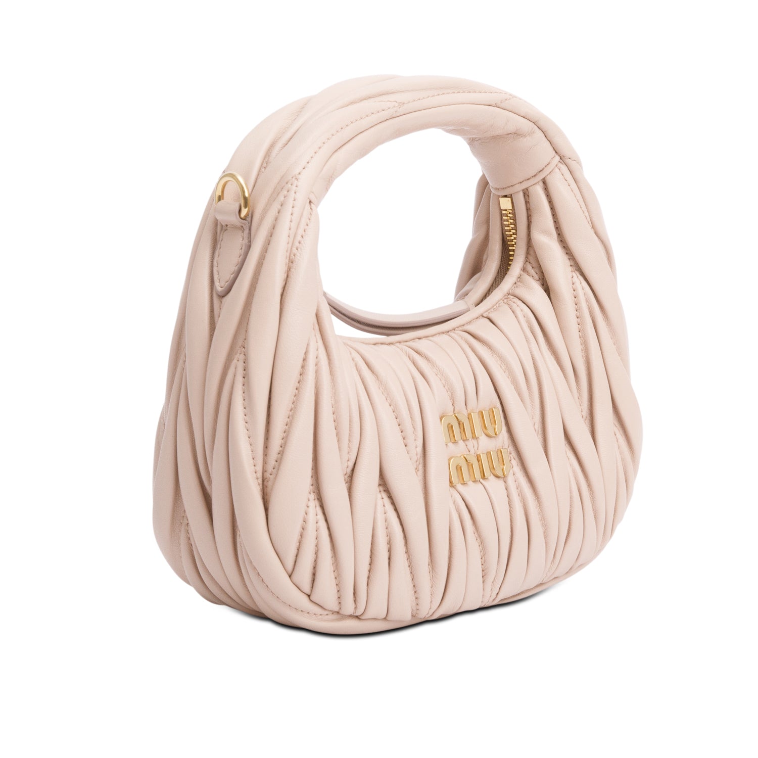 Miu Miu 2024 Beige Wander Nappa Matelasse Leather Mini Hobo Bag w/ Strap