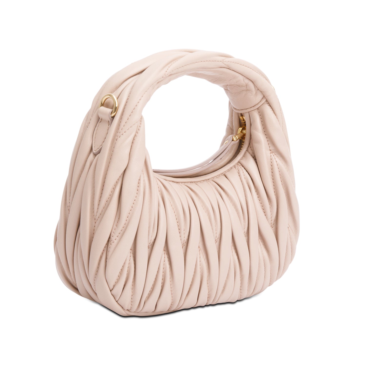 Miu Miu 2024 Beige Wander Nappa Matelasse Leather Mini Hobo Bag w/ Strap