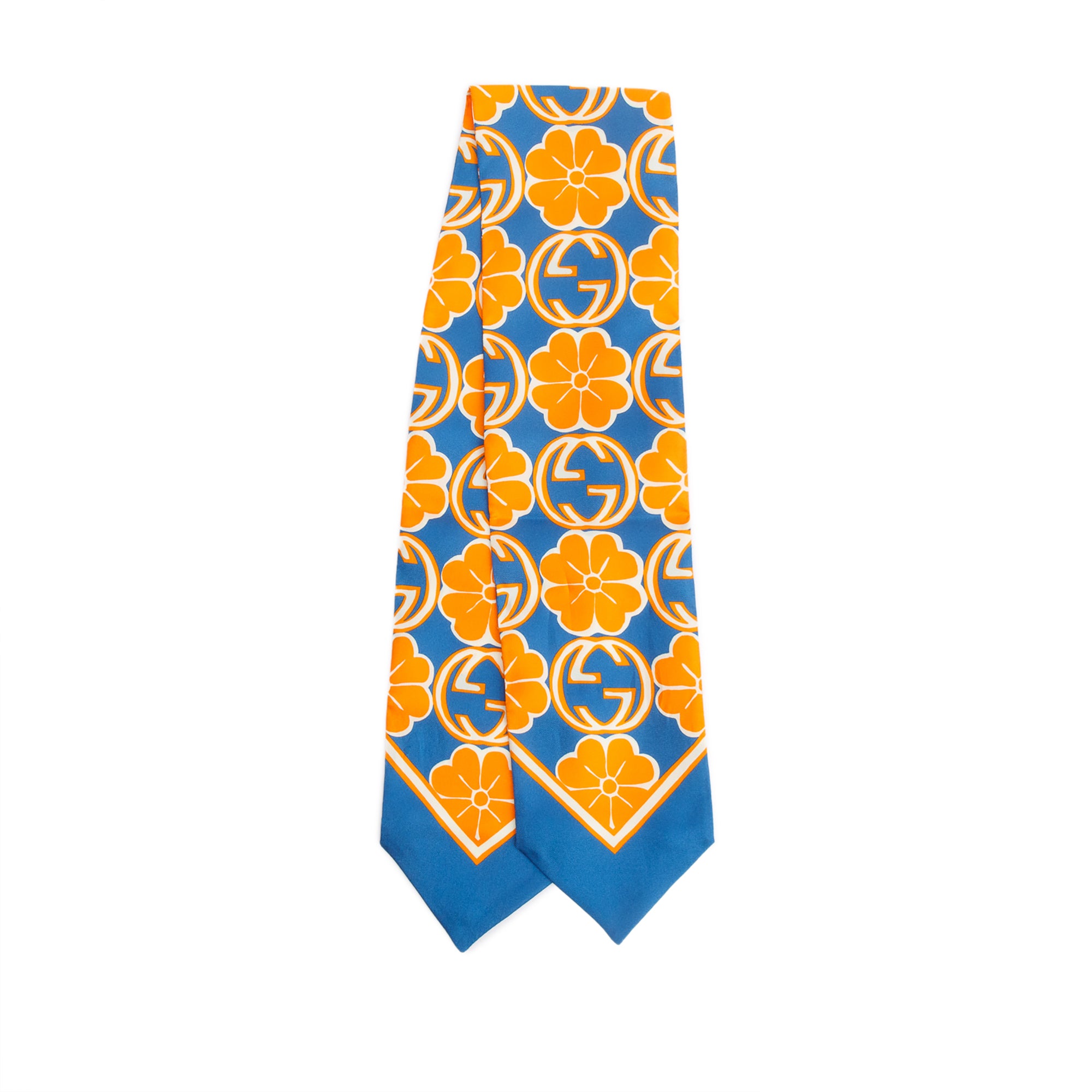 Gucci Blue/Orange GG Flower Silk Foily Skinny Scarf w/ Box