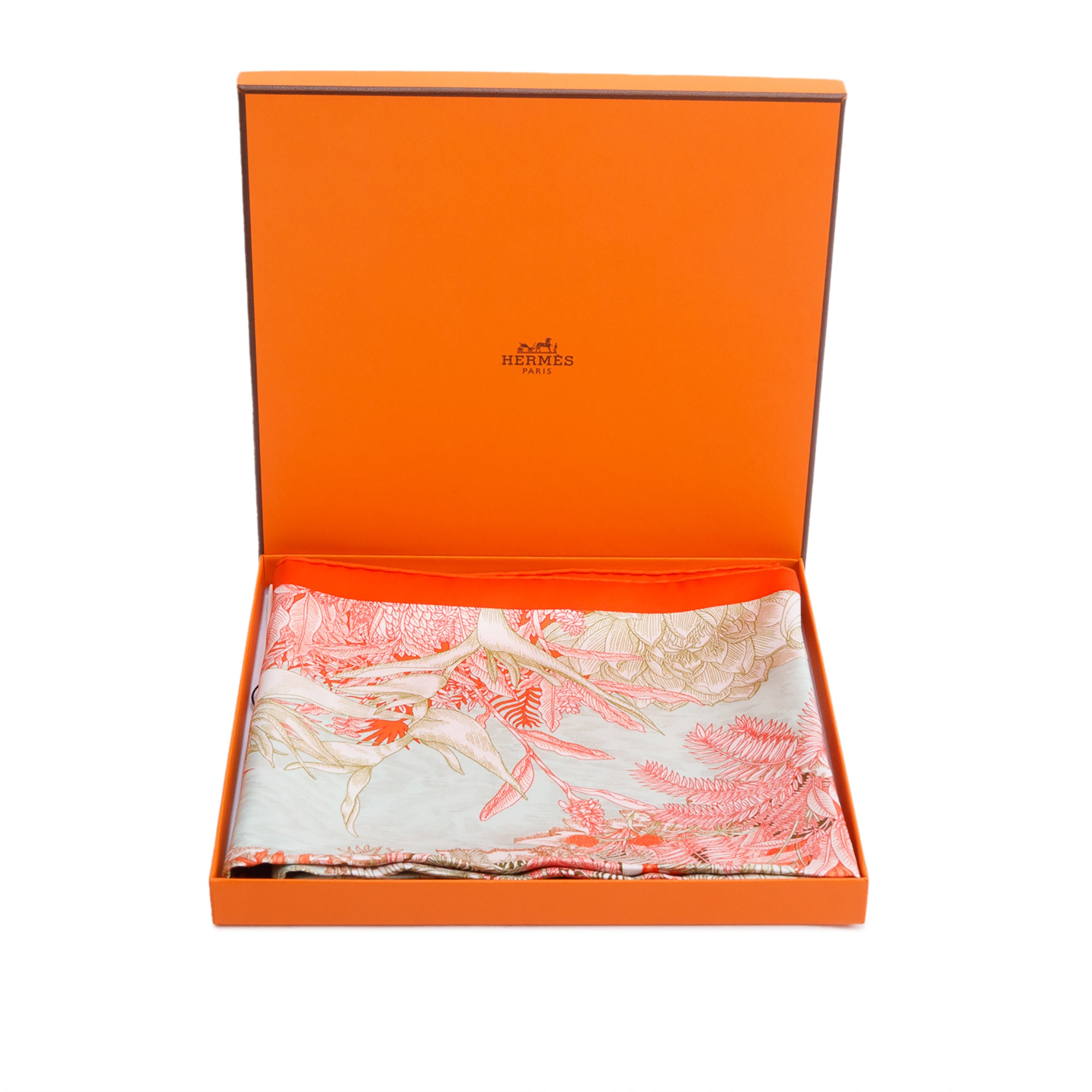 Hermes Orange Multicolor 'Faubourge Tropical' Silk Scarf 90 w/ Box