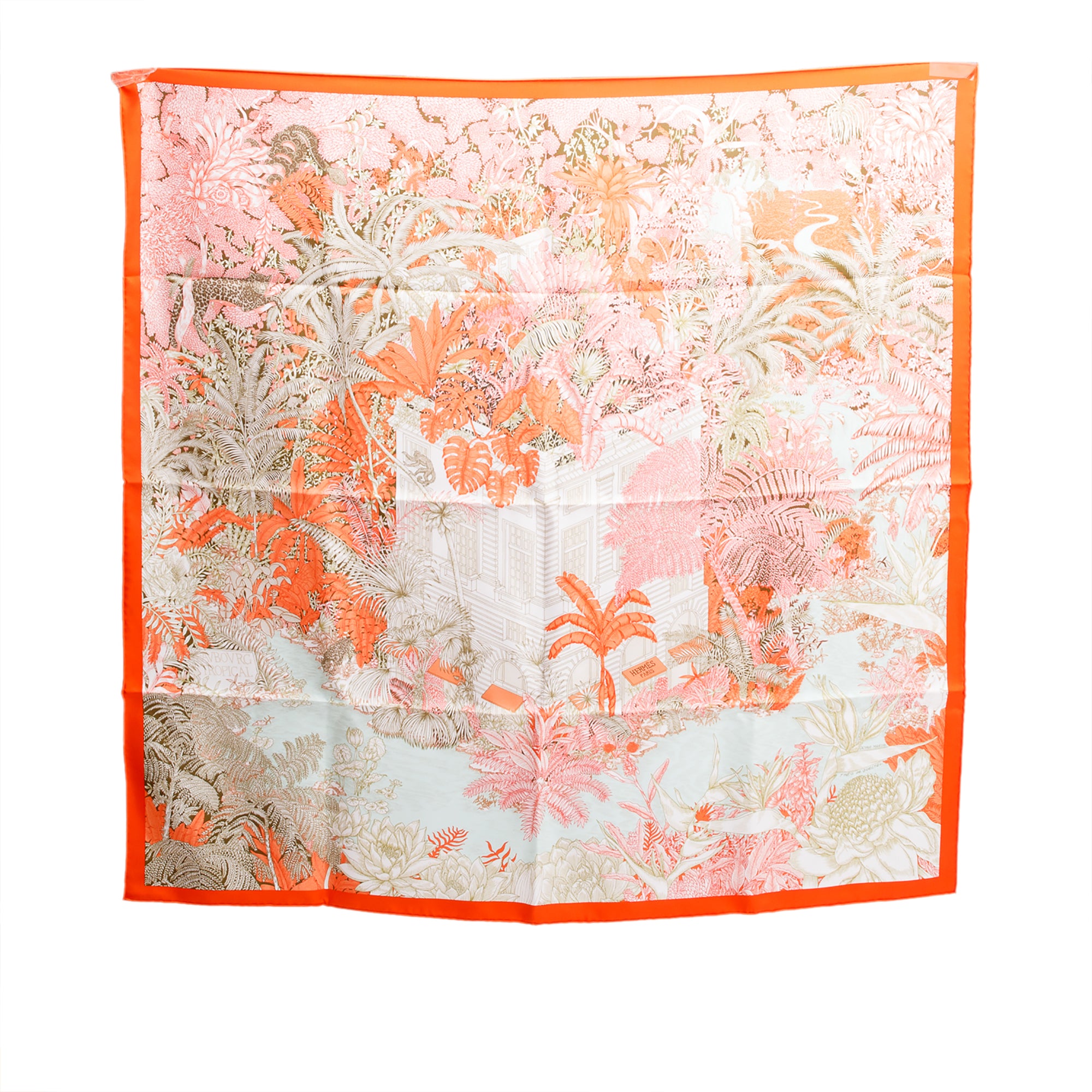 Hermes Orange Multicolor 'Faubourge Tropical' Silk Scarf 90 w/ Box