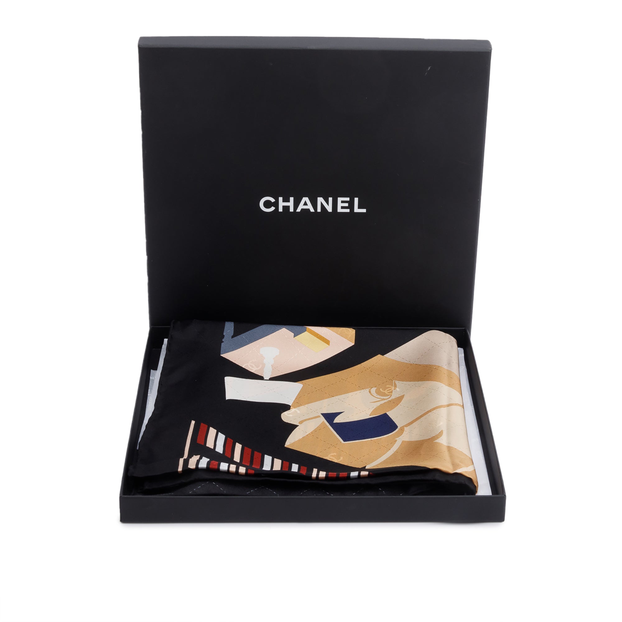 Chanel Black Printed Silk Scarf w/ Box