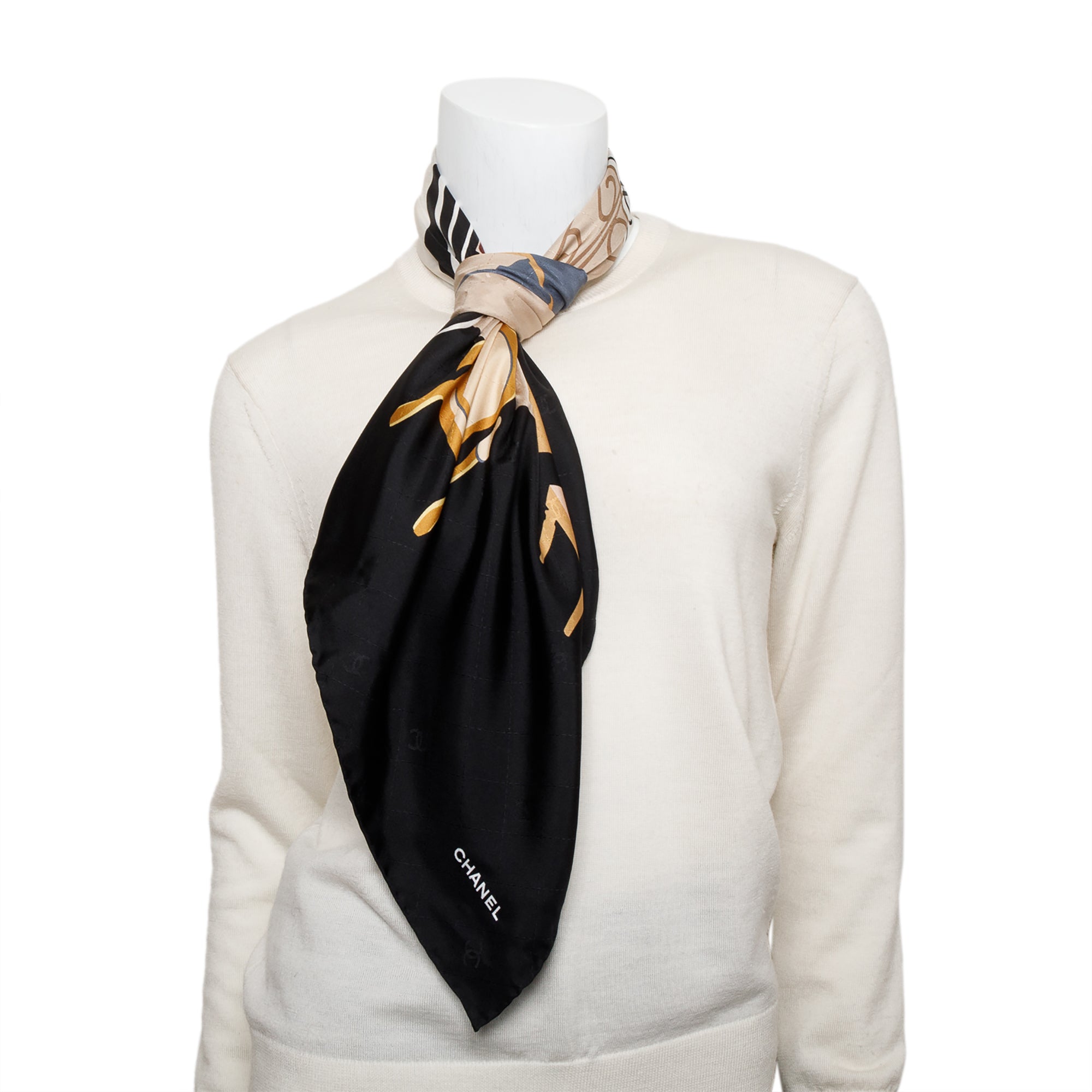 Chanel Black Printed Silk Scarf w/ Box