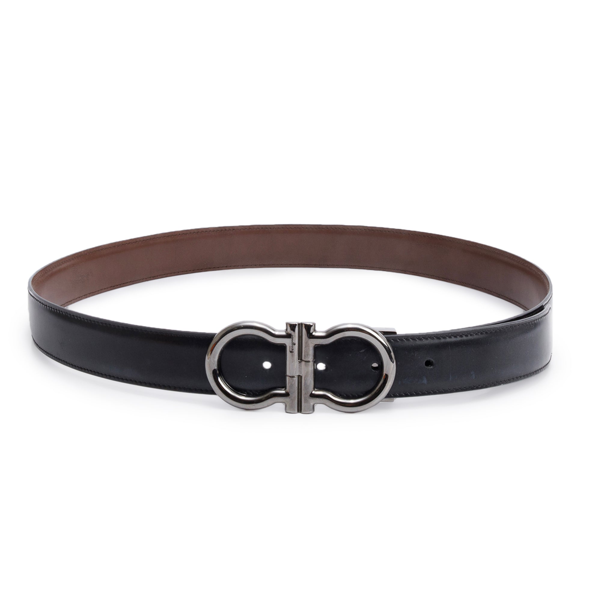 Ferragamo Black Smooth Calfskin Leather Adjustable Double Gancini Belt Kit