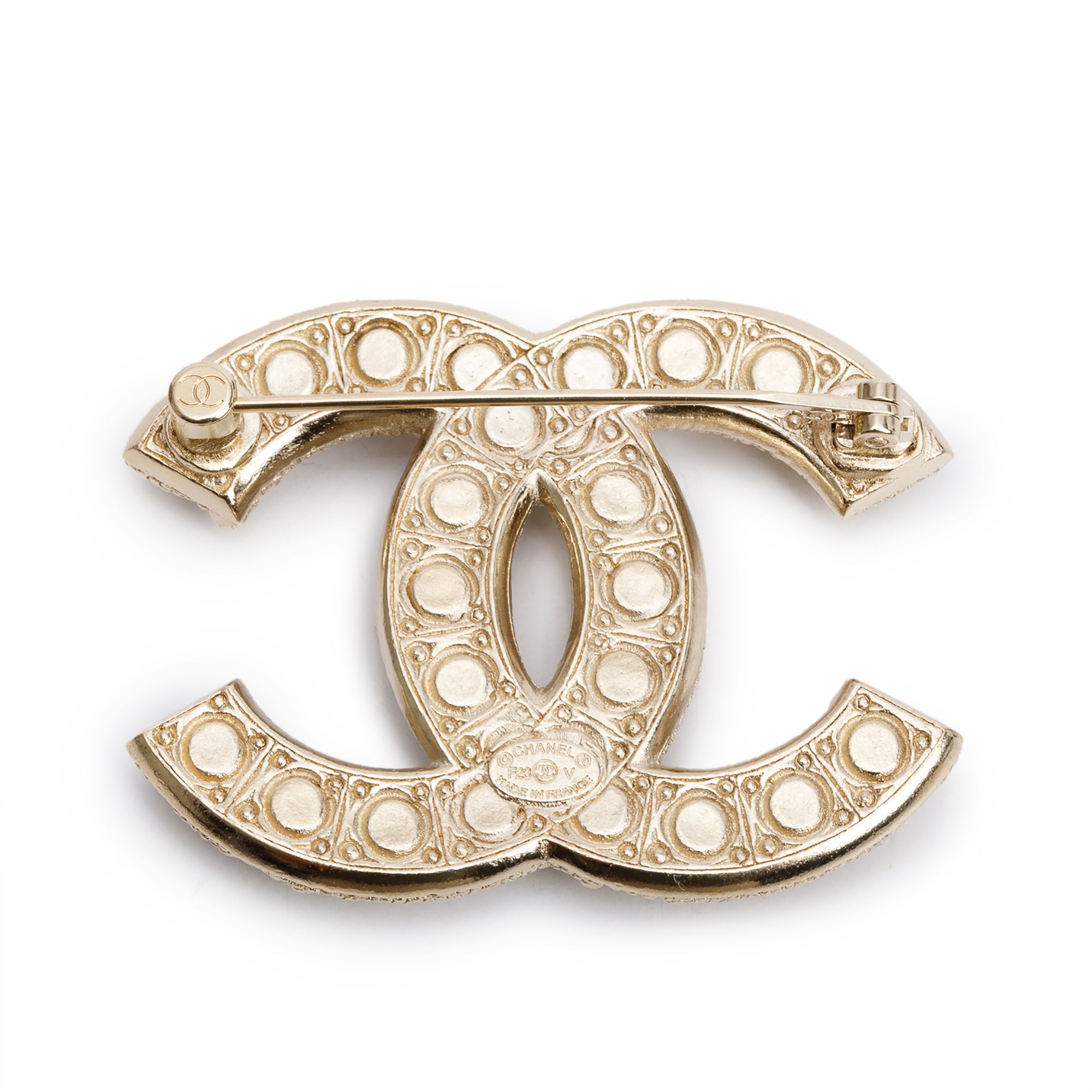 Chanel 2023 Gold Plated Faux Pearl & Strass CC Brooch w/ Box