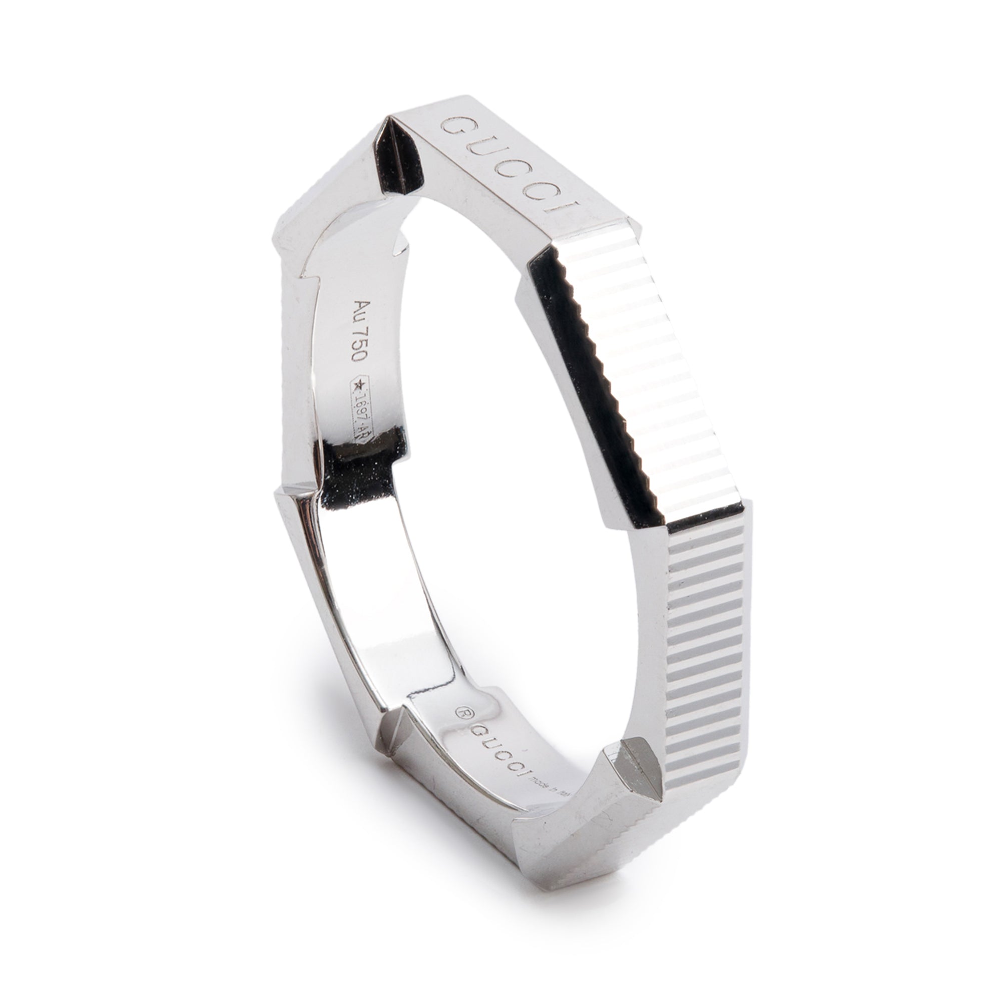 Gucci 18k White Gold Link to Love Striped Ring, Size 16 7.5 w/ Box