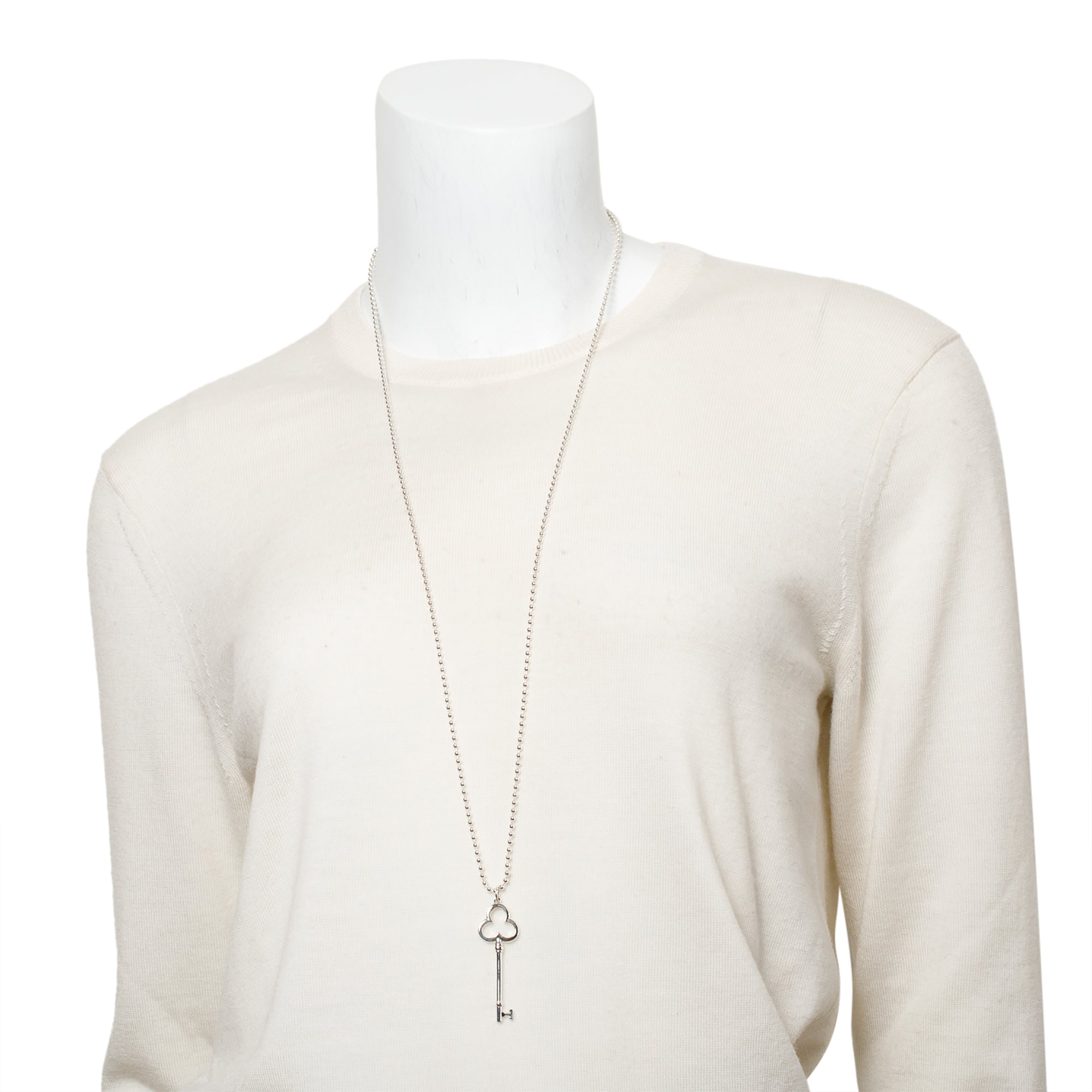 Tiffany & Co. Sterling Silver Large Trefoil Key Pendant on Beaded Chain Necklace