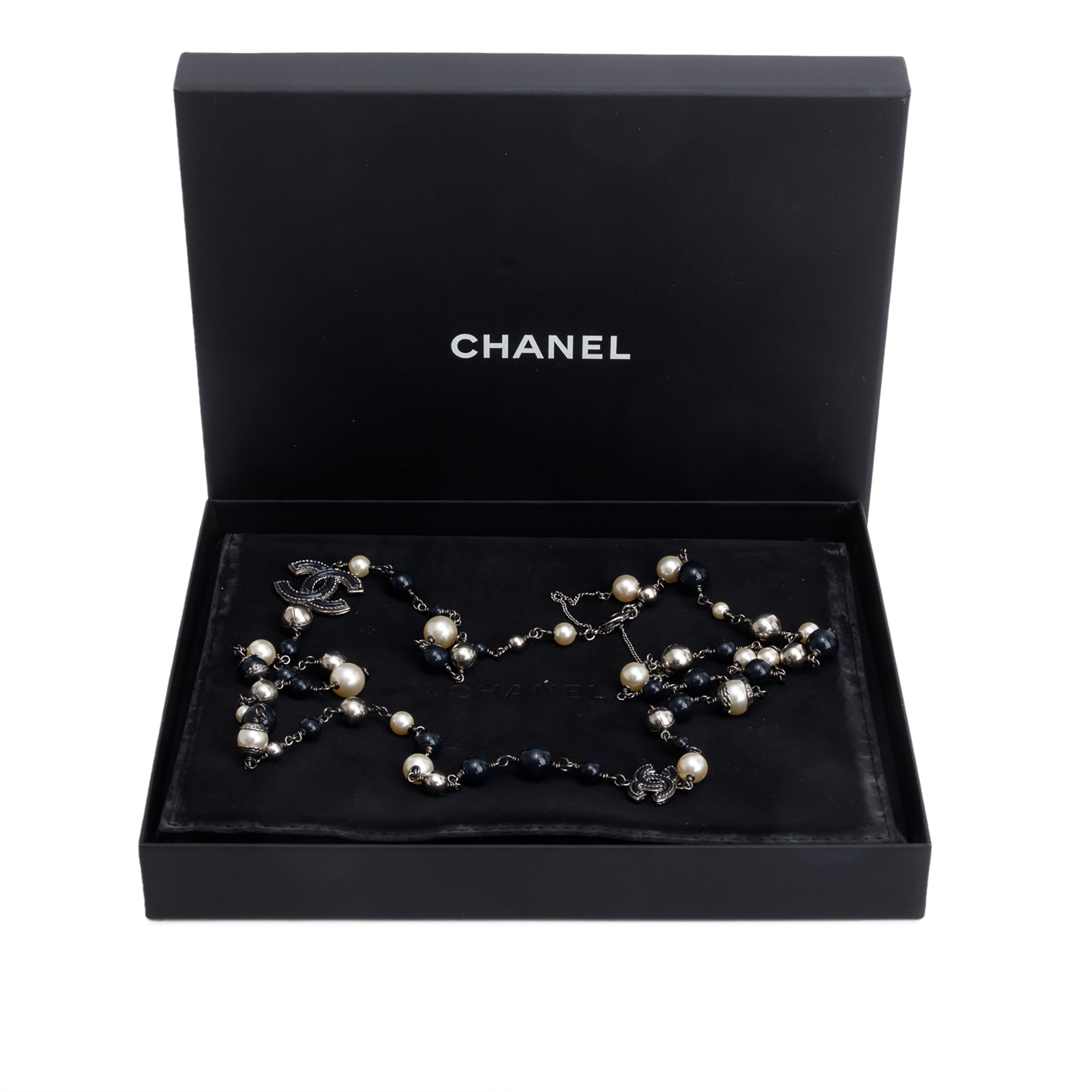 Chanel Ruthenium Faux Pearl, Resin & Enamel CC Station Long Necklace w/ Box