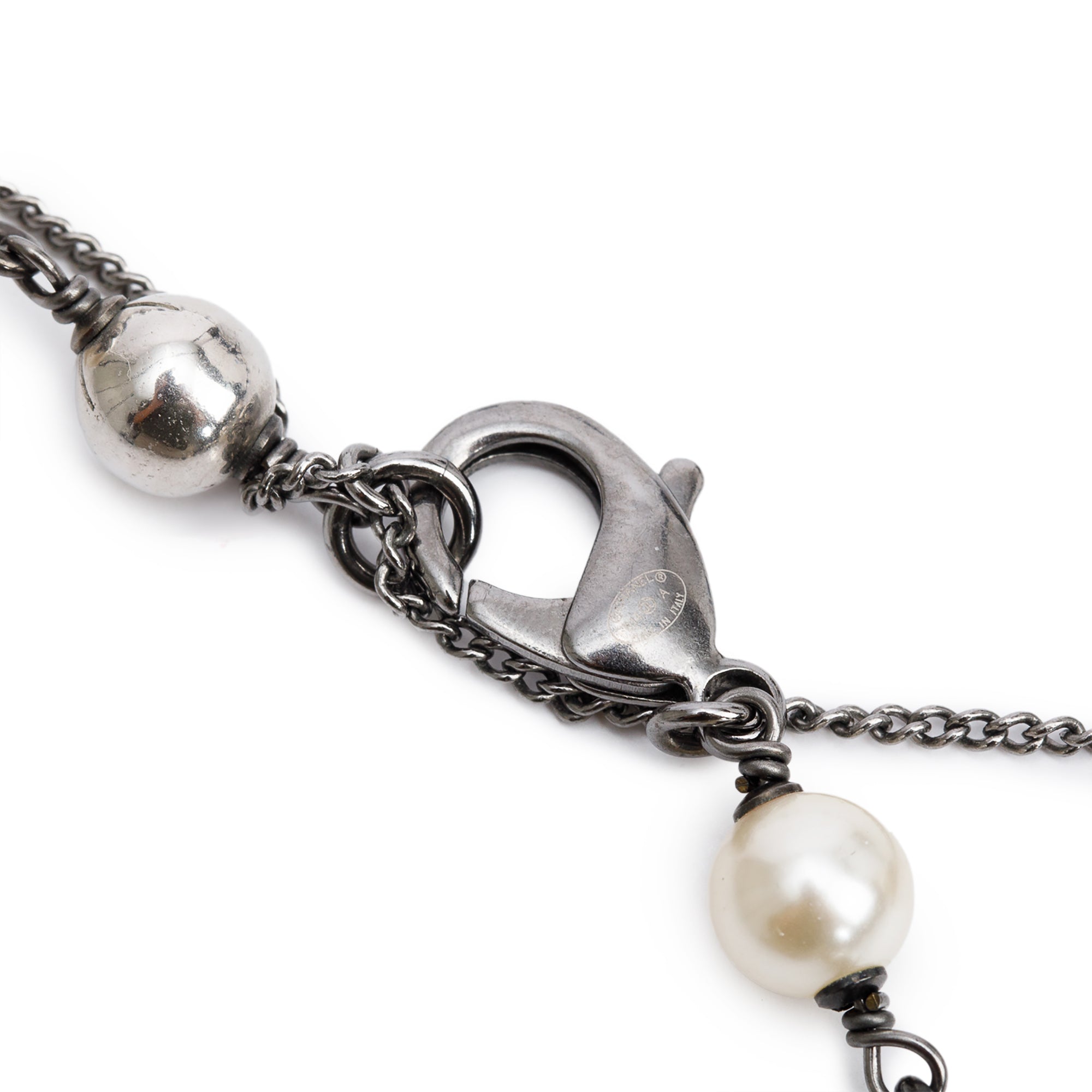 Chanel Ruthenium Faux Pearl, Resin & Enamel CC Station Long Necklace w/ Box