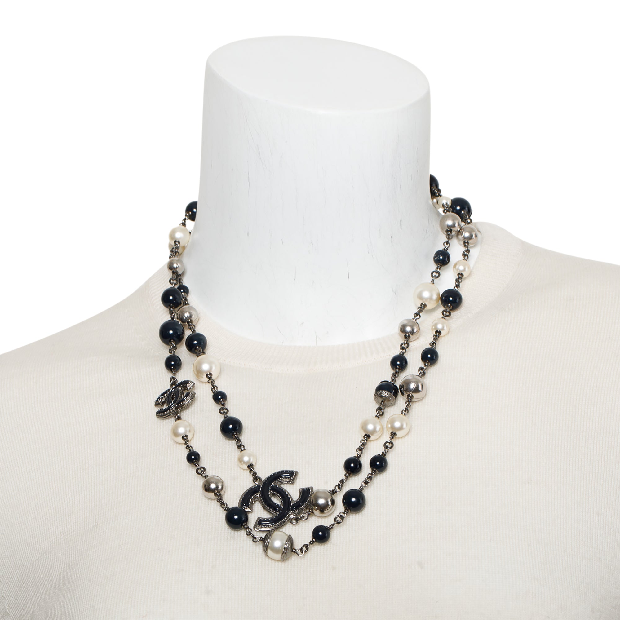 Chanel Ruthenium Faux Pearl, Resin & Enamel CC Station Long Necklace w/ Box
