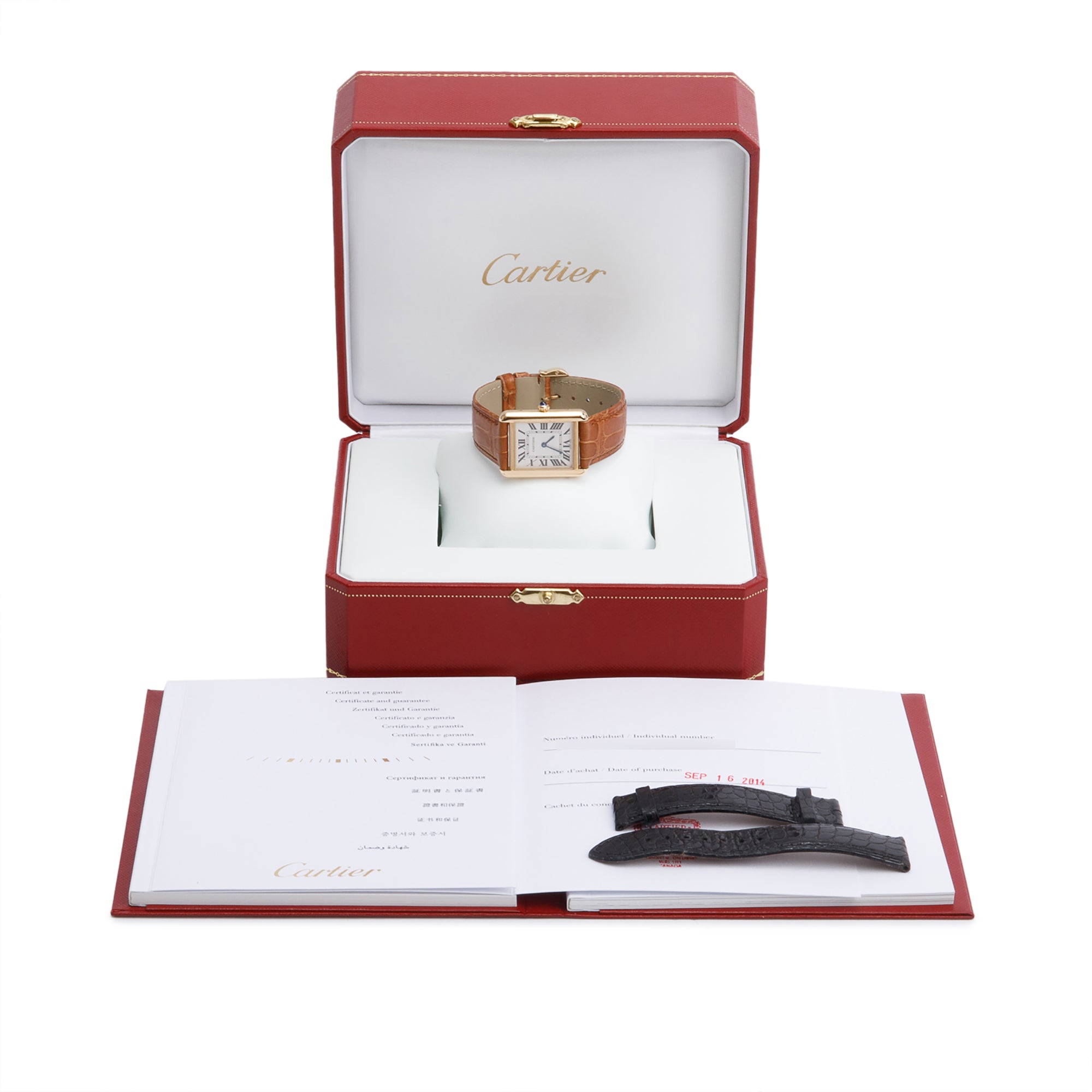 Cartier 18k Yellow Gold & Stainless Steel Tank Solo Watch w/ Box, Papers, Service Receipt & Extra Leather Strap