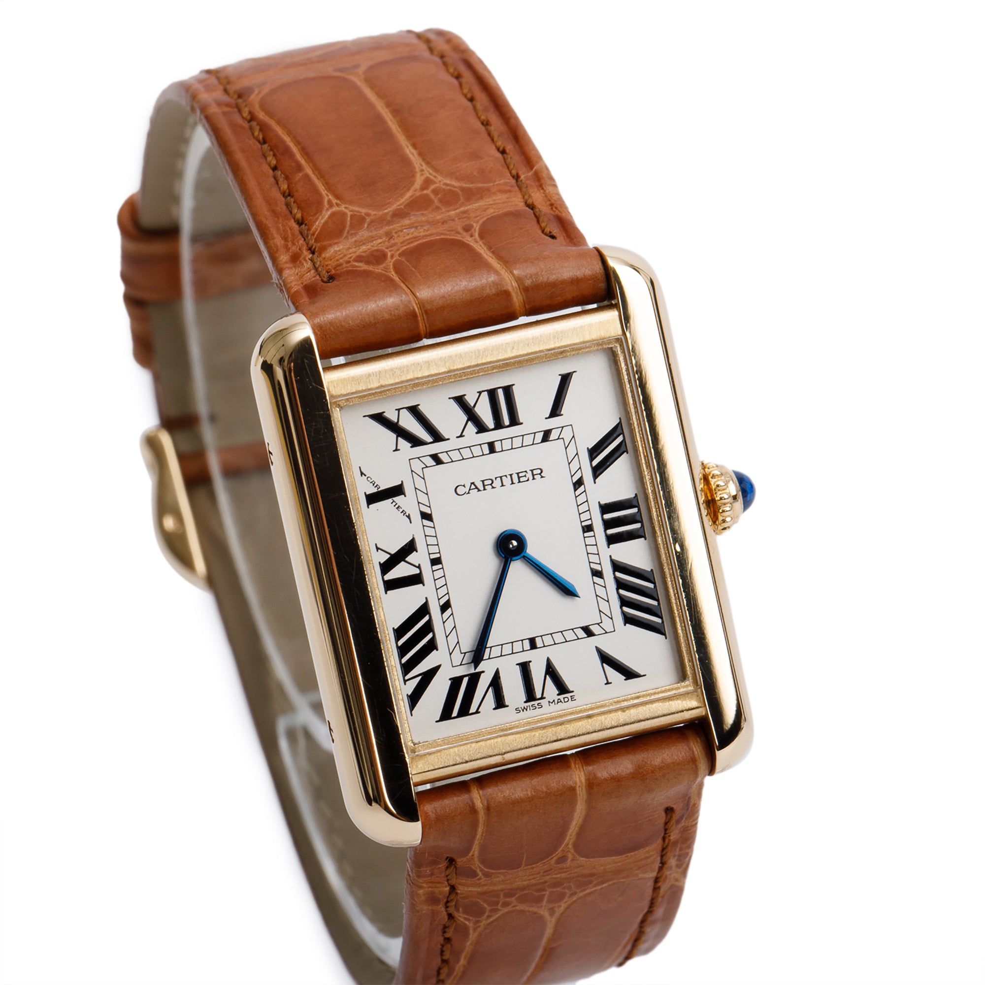 Cartier 18k Yellow Gold & Stainless Steel Tank Solo Watch w/ Box, Papers, Service Receipt & Extra Leather Strap