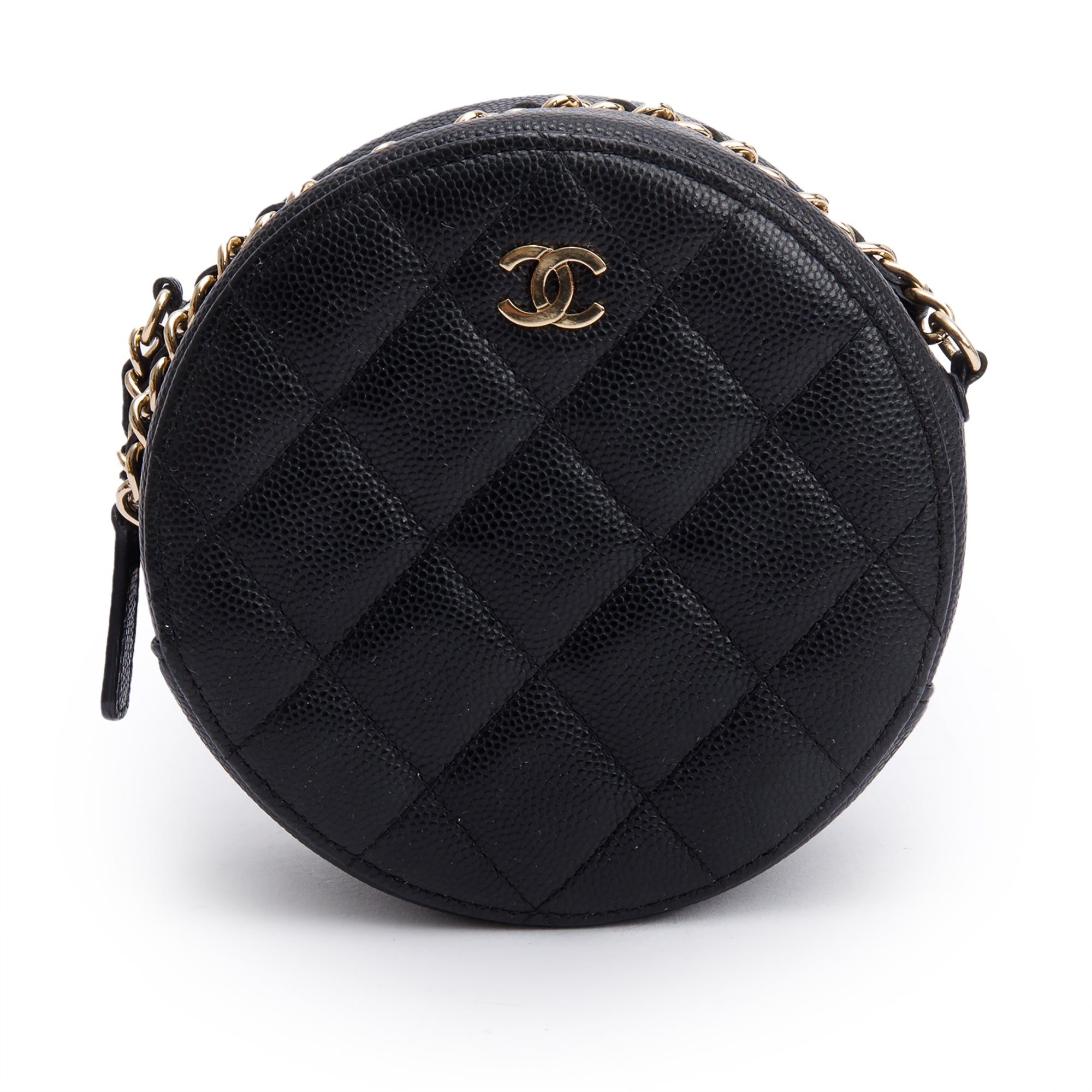 Chanel Black Caviar Leather Round Clutch with Chain w/ Authenticity Card
