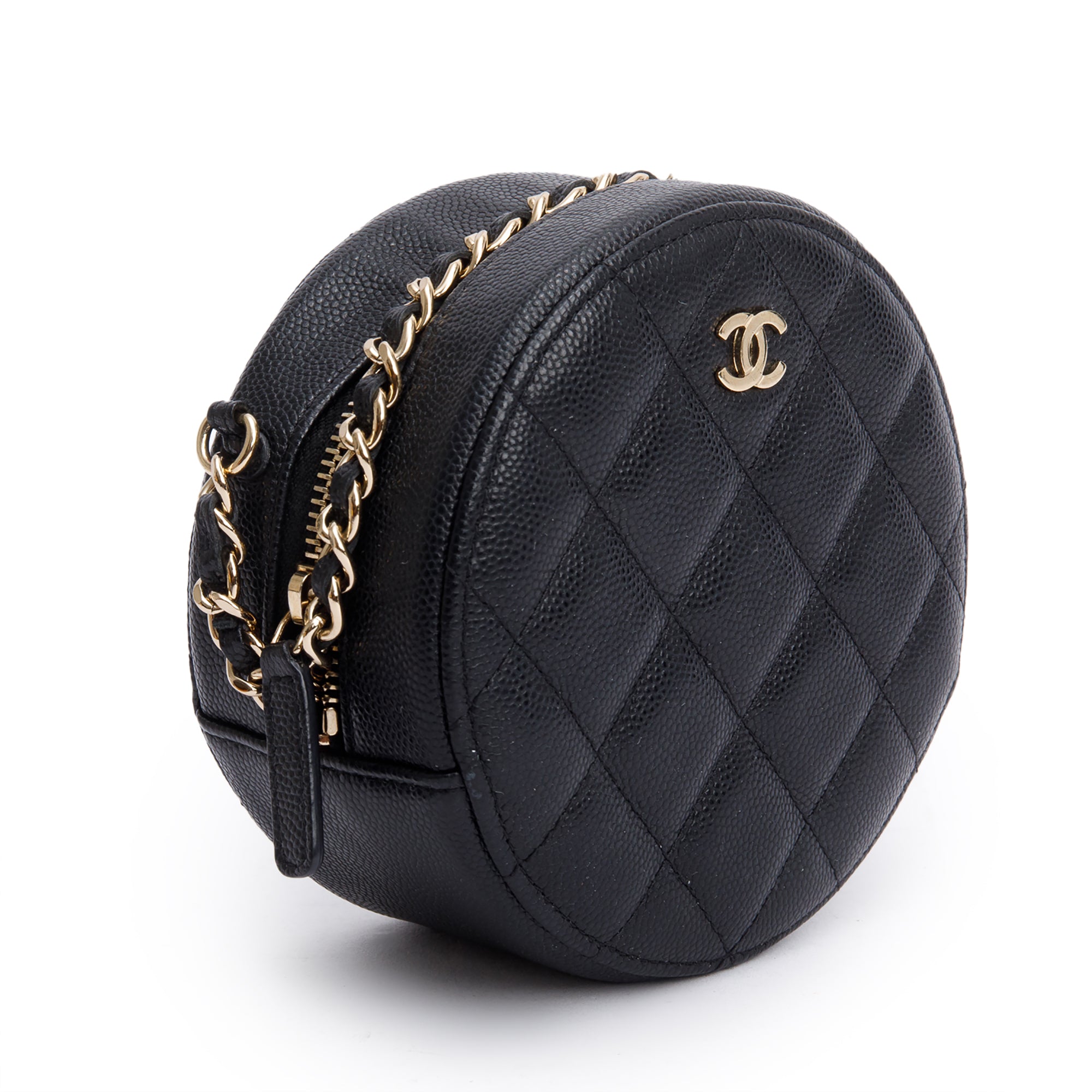 Chanel Black Caviar Leather Round Clutch with Chain w/ Authenticity Card