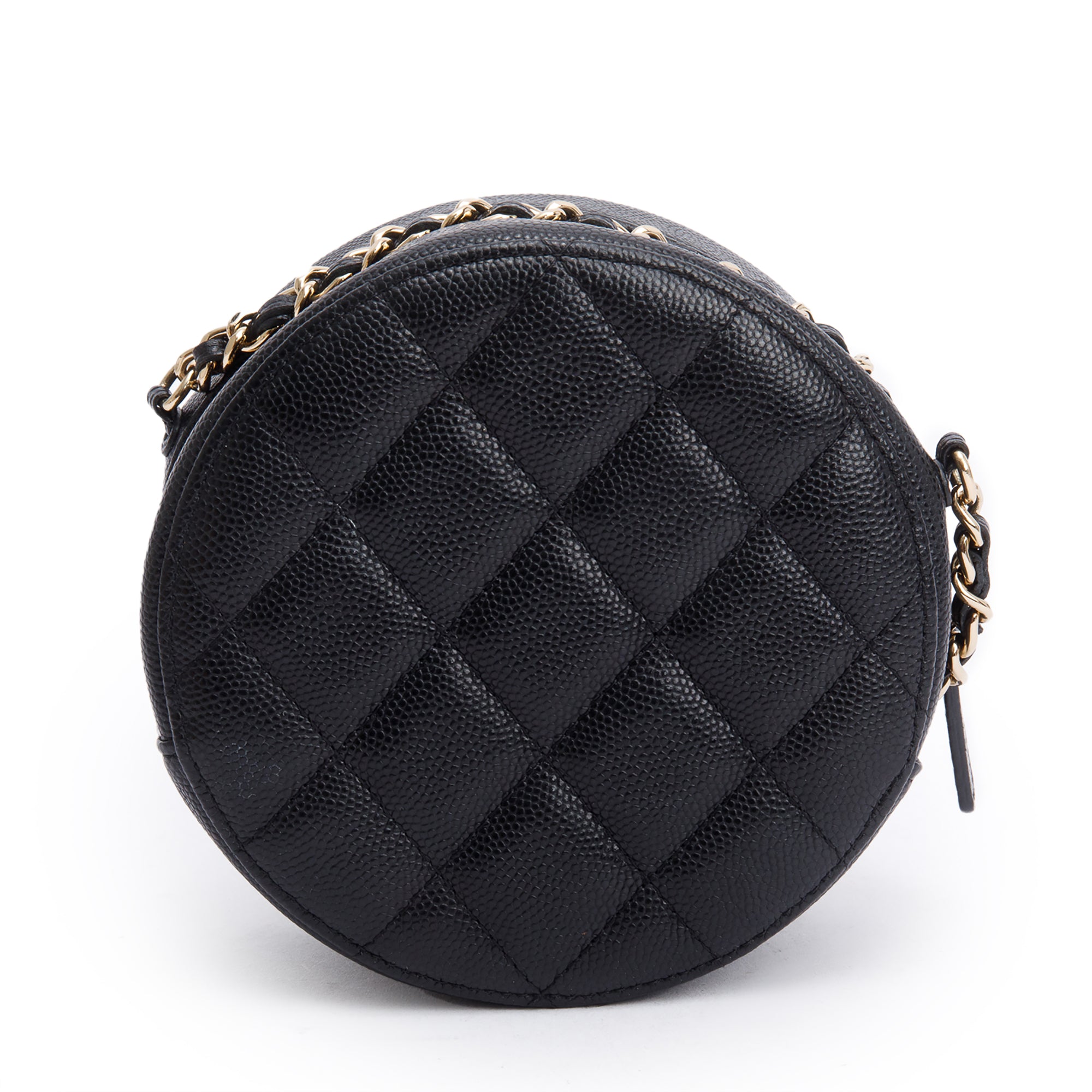 Chanel Black Caviar Leather Round Clutch with Chain w/ Authenticity Card