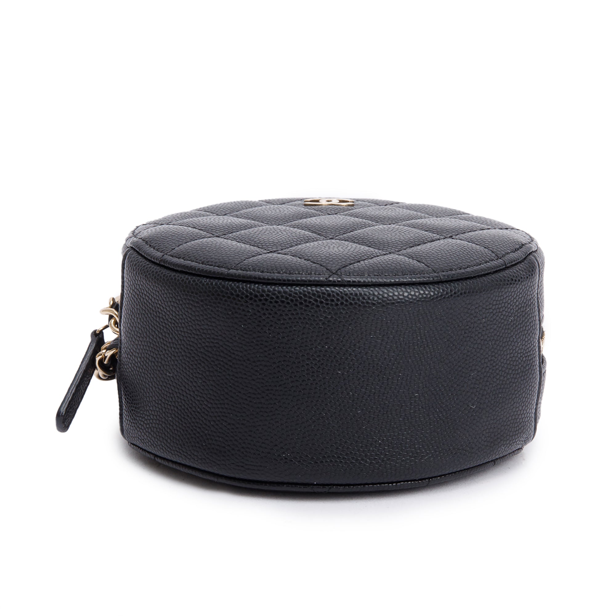 Chanel Black Caviar Leather Round Clutch with Chain w/ Authenticity Card