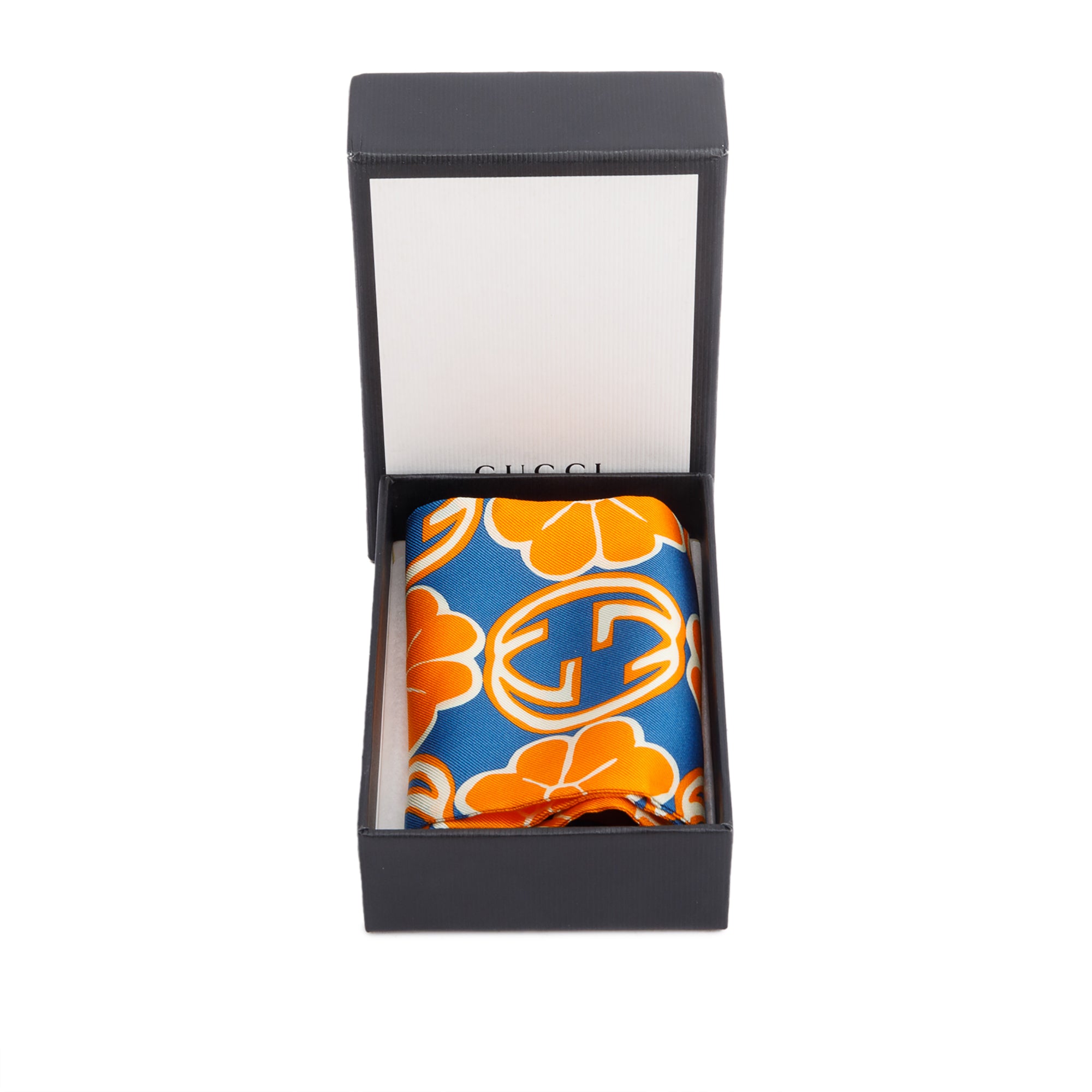 Gucci Blue/Orange GG Flower Silk Foily Skinny Scarf w/ Box