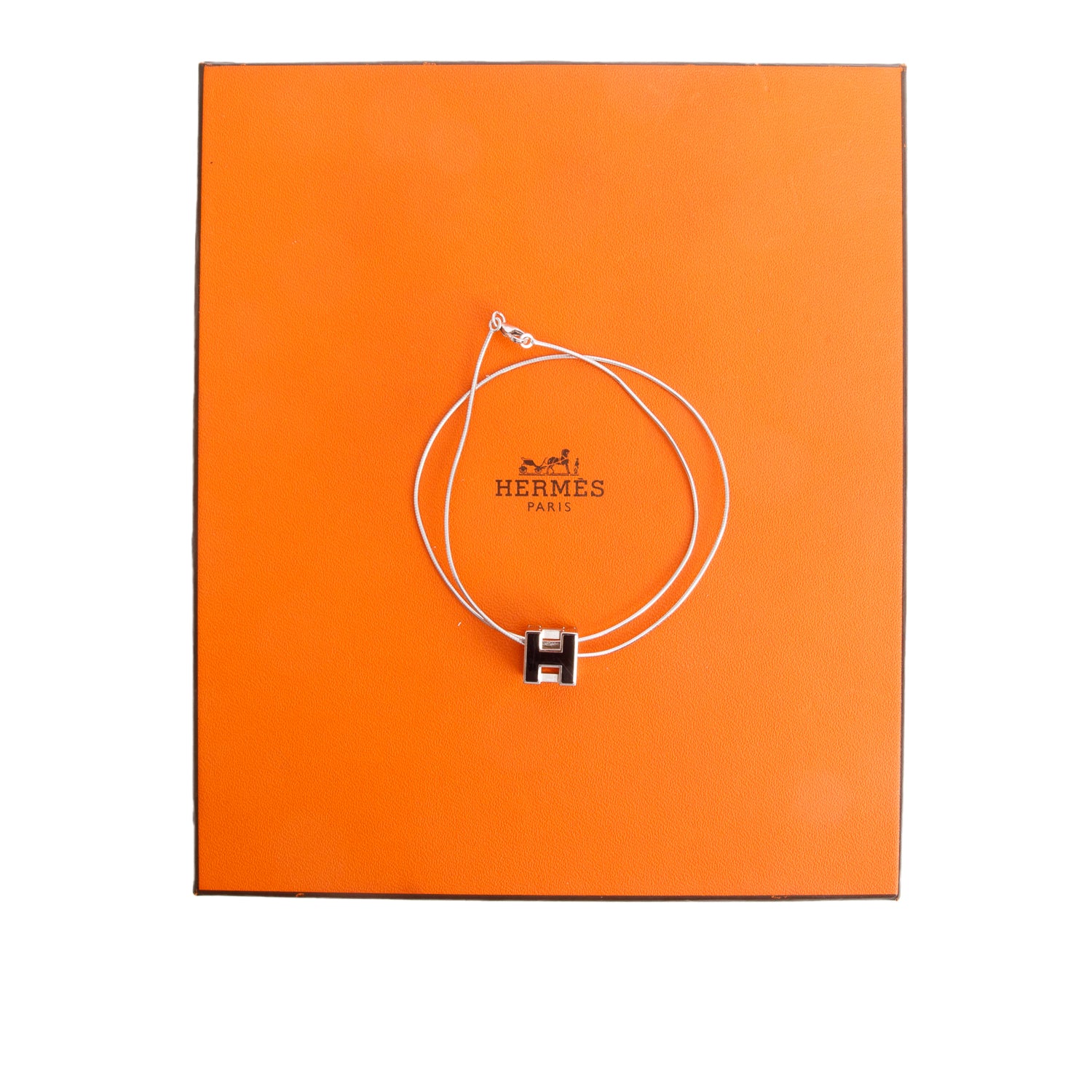 Hermes Palladium-Plated Black Enamel Pop H Cube Pendant Necklace w/ Box