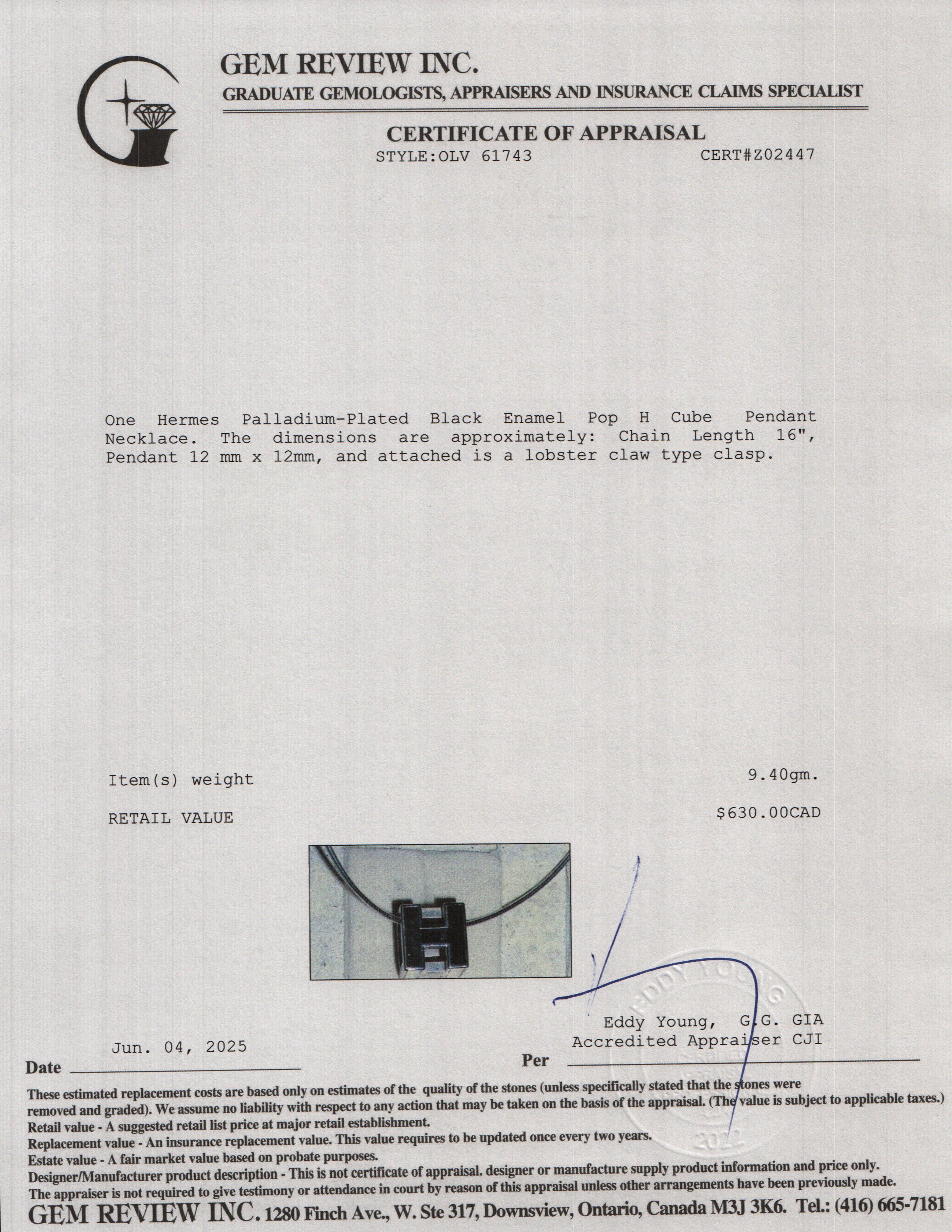 Hermes Palladium-Plated Black Enamel Pop H Cube Pendant Necklace w/ Box