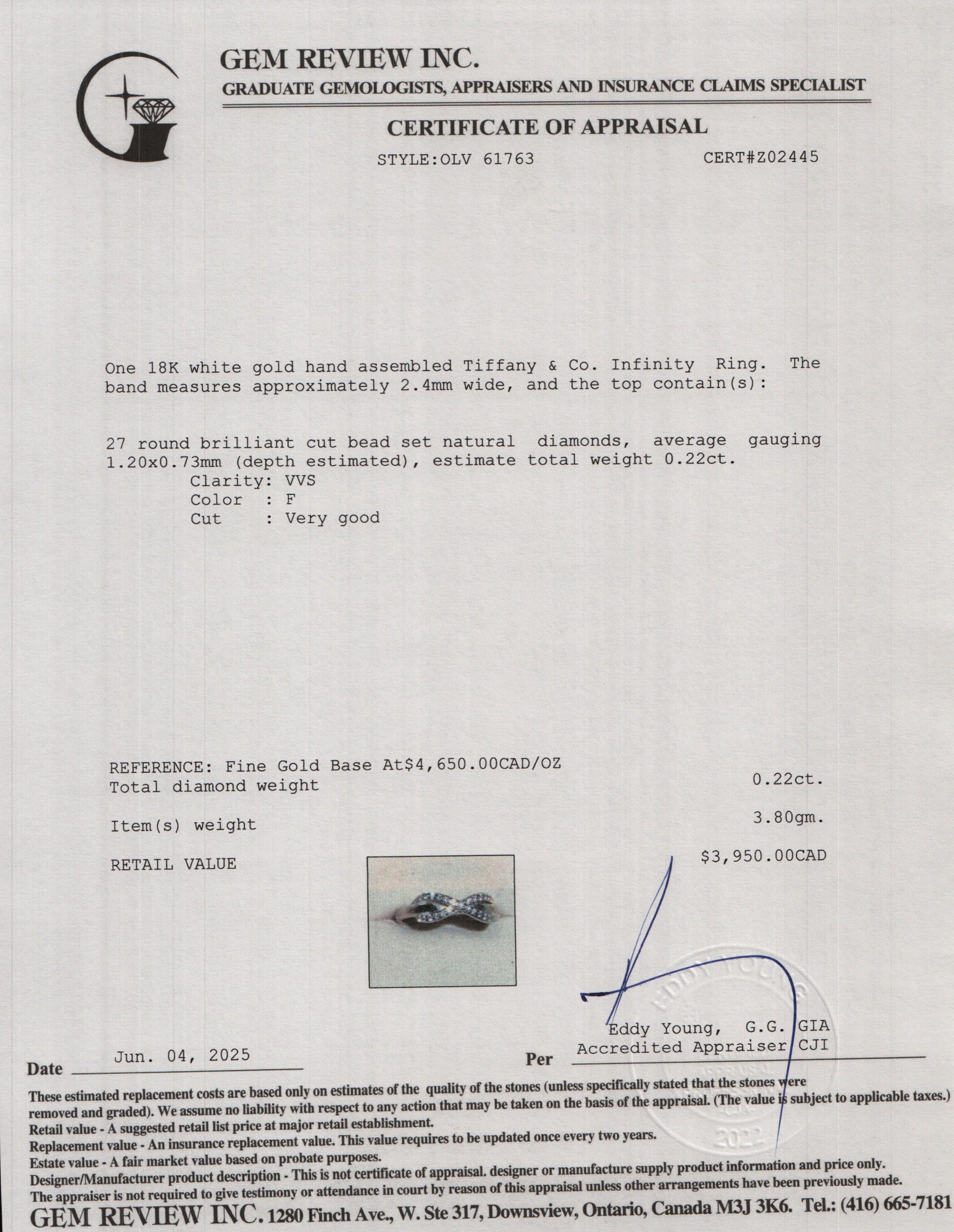 Tiffany & Co. 18k White Gold Diamond Infinity Ring, Size 5.5