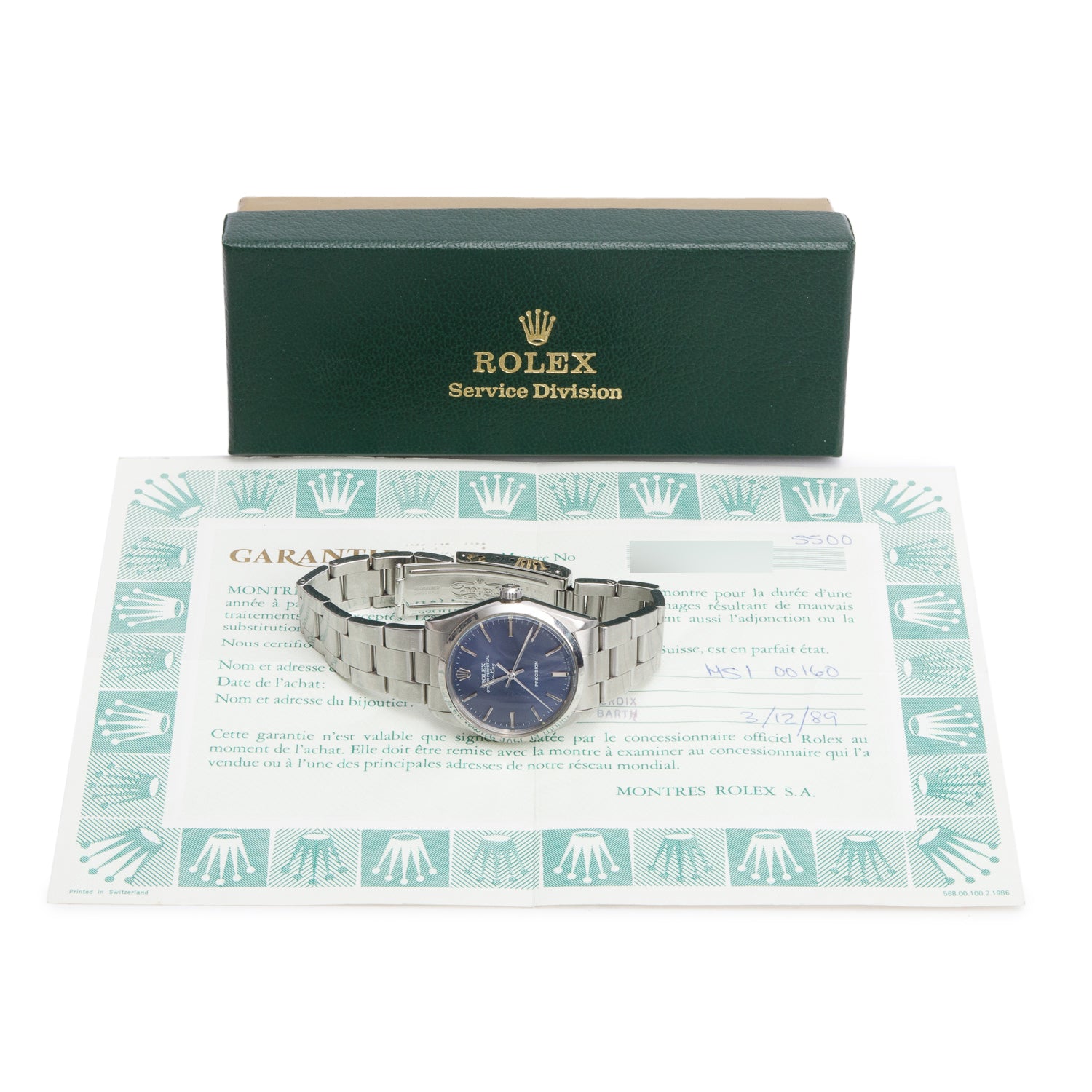 Rolex Stainless Steel Air King 34 MM Automatic Watch Blue Dial 5500 w/ Service Box & Original Papers