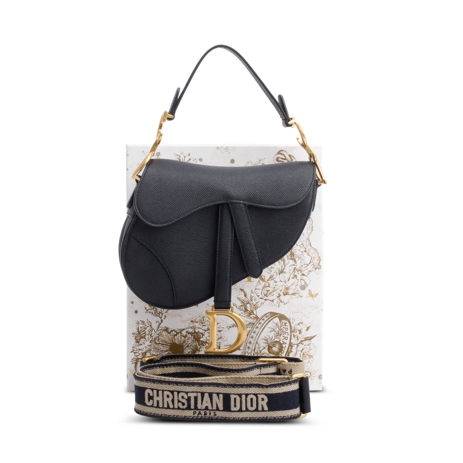Christian Dior Black Grained Calfskin Leather Mini Saddle Bag w/ Strap & Box