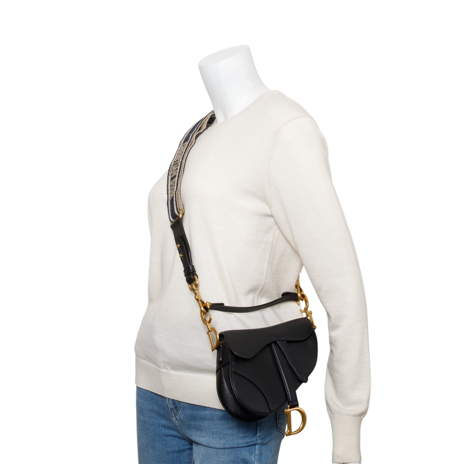 Christian Dior Black Grained Calfskin Leather Mini Saddle Bag w/ Strap & Box