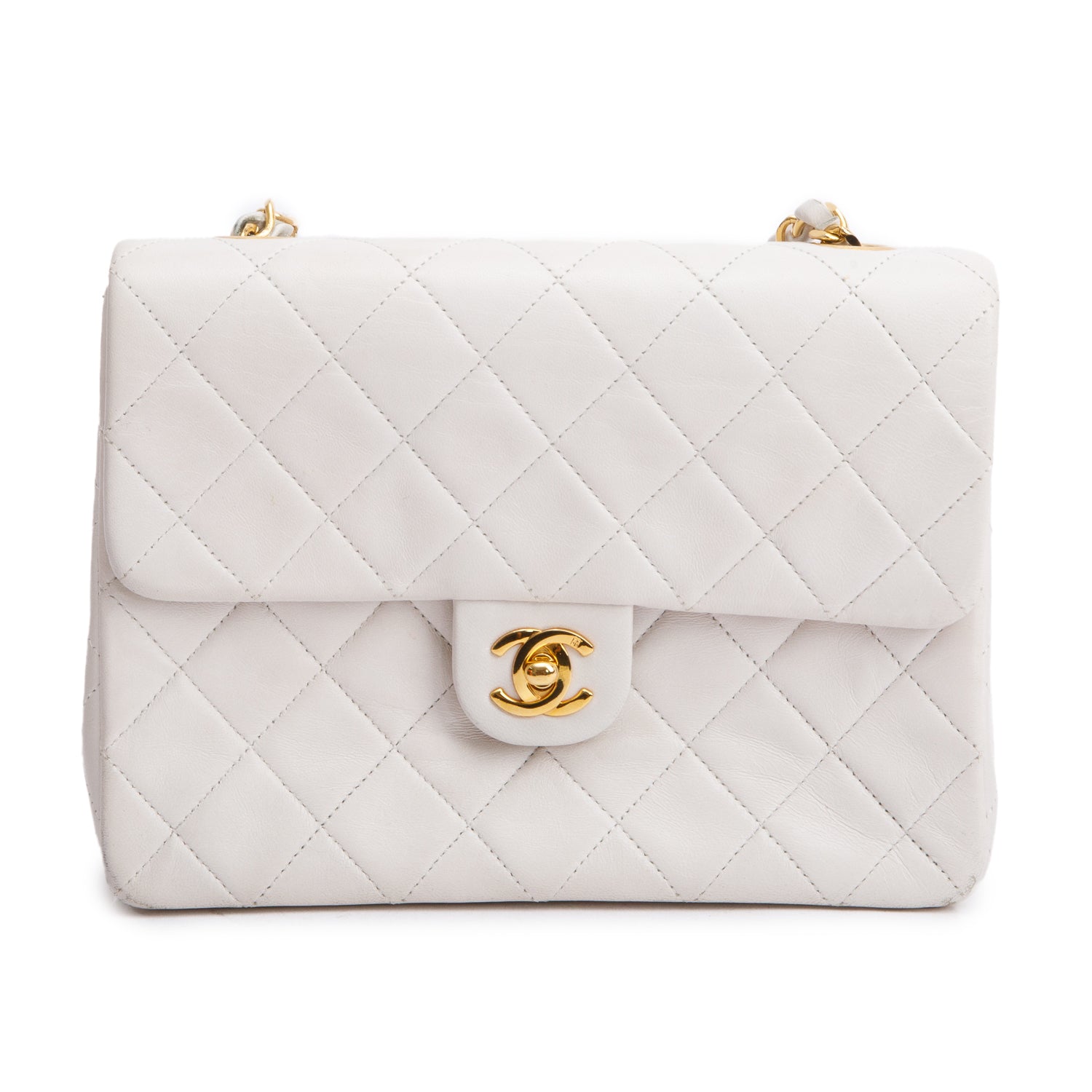 Chanel Vintage White Quilted Lambskin Leather Small Square Single Flap Bag w/ Box & Authenticity Card