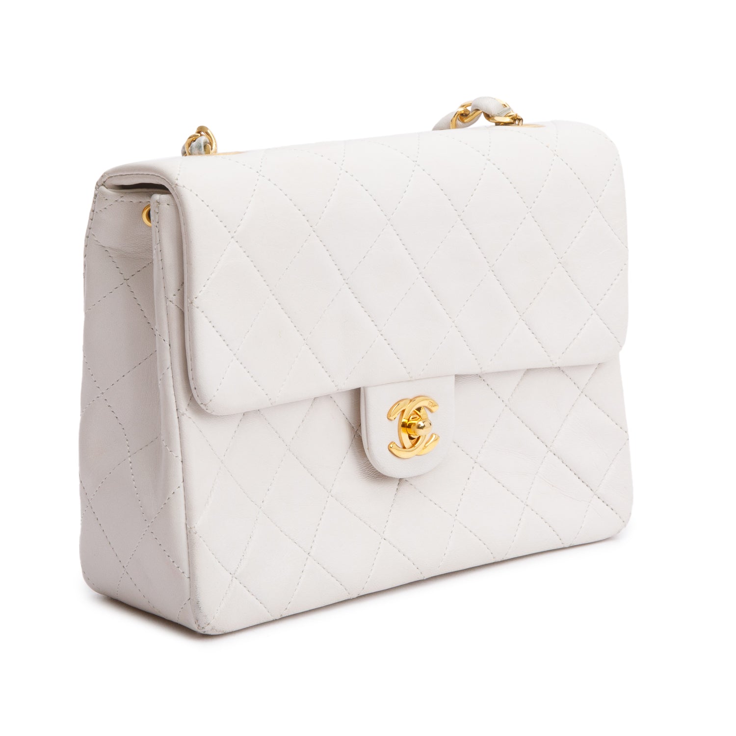 Chanel Vintage White Quilted Lambskin Leather Small Square Single Flap Bag w/ Box & Authenticity Card